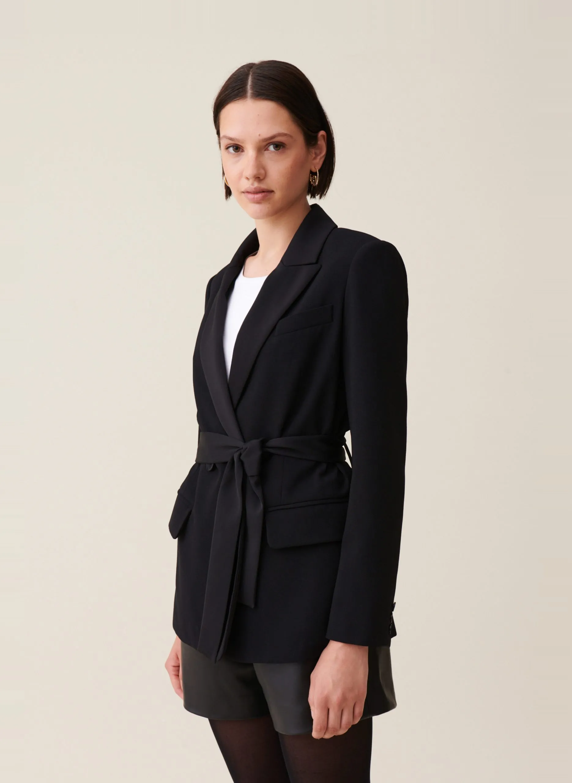 Veste de tailleur droite ceinturée Noir
