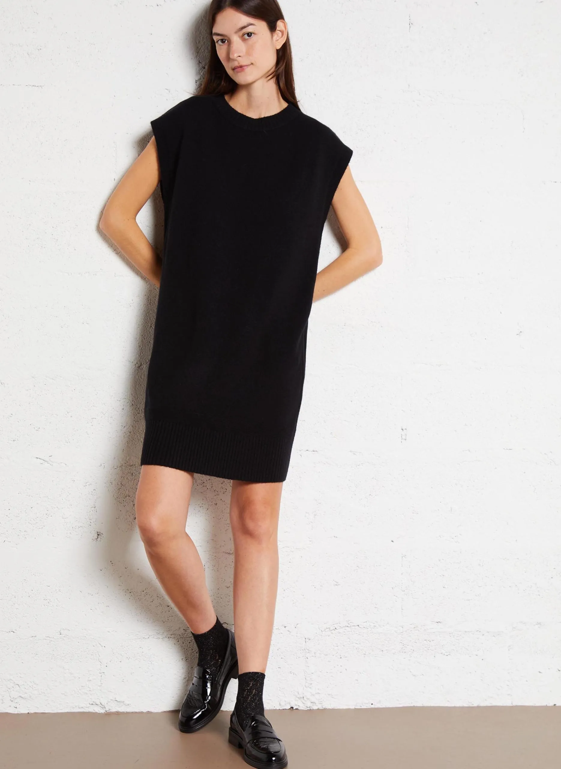 Robe midi col rond en laine Noir MARION