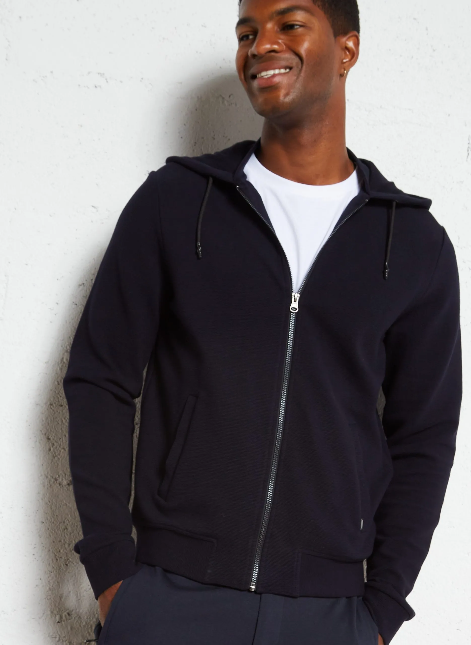 Gilet col rond regular fit à capuche en coton mélangé Bleu