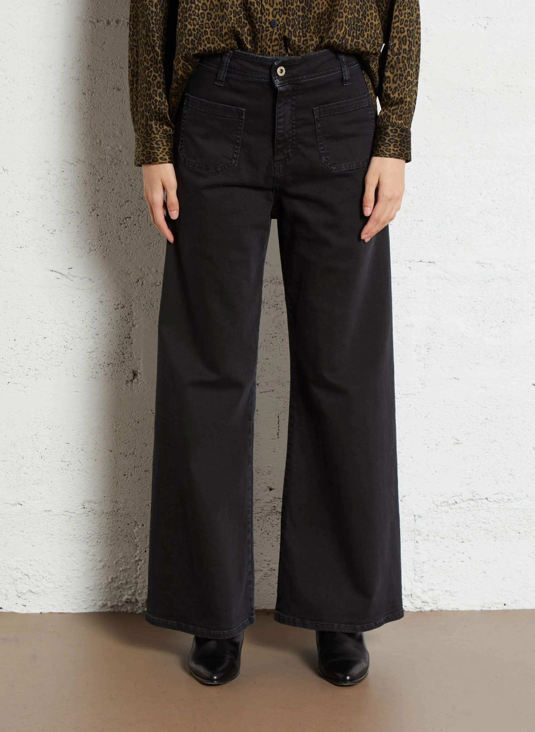 Jean large taille haute en coton Noir