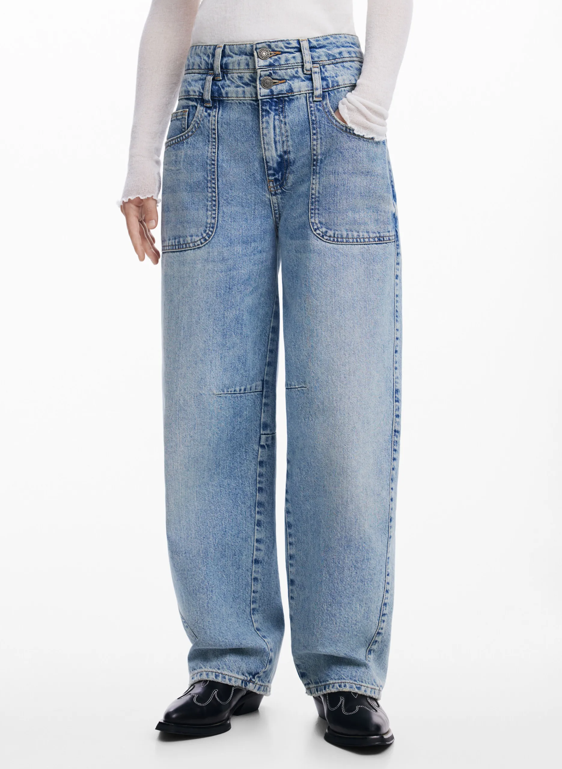 Jean large délavé en coton Bleu