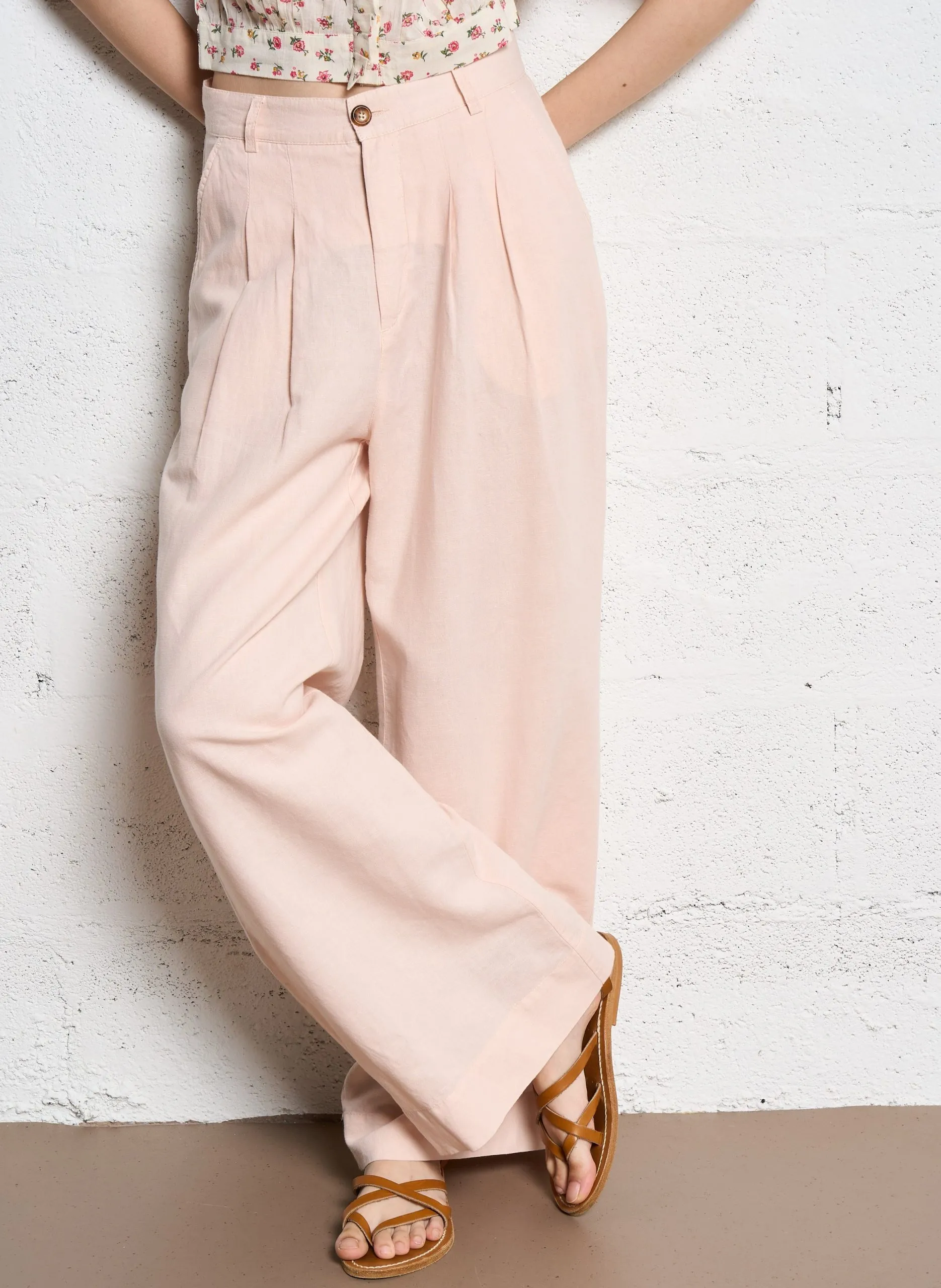 Pantalon large en lin mélangé Rose