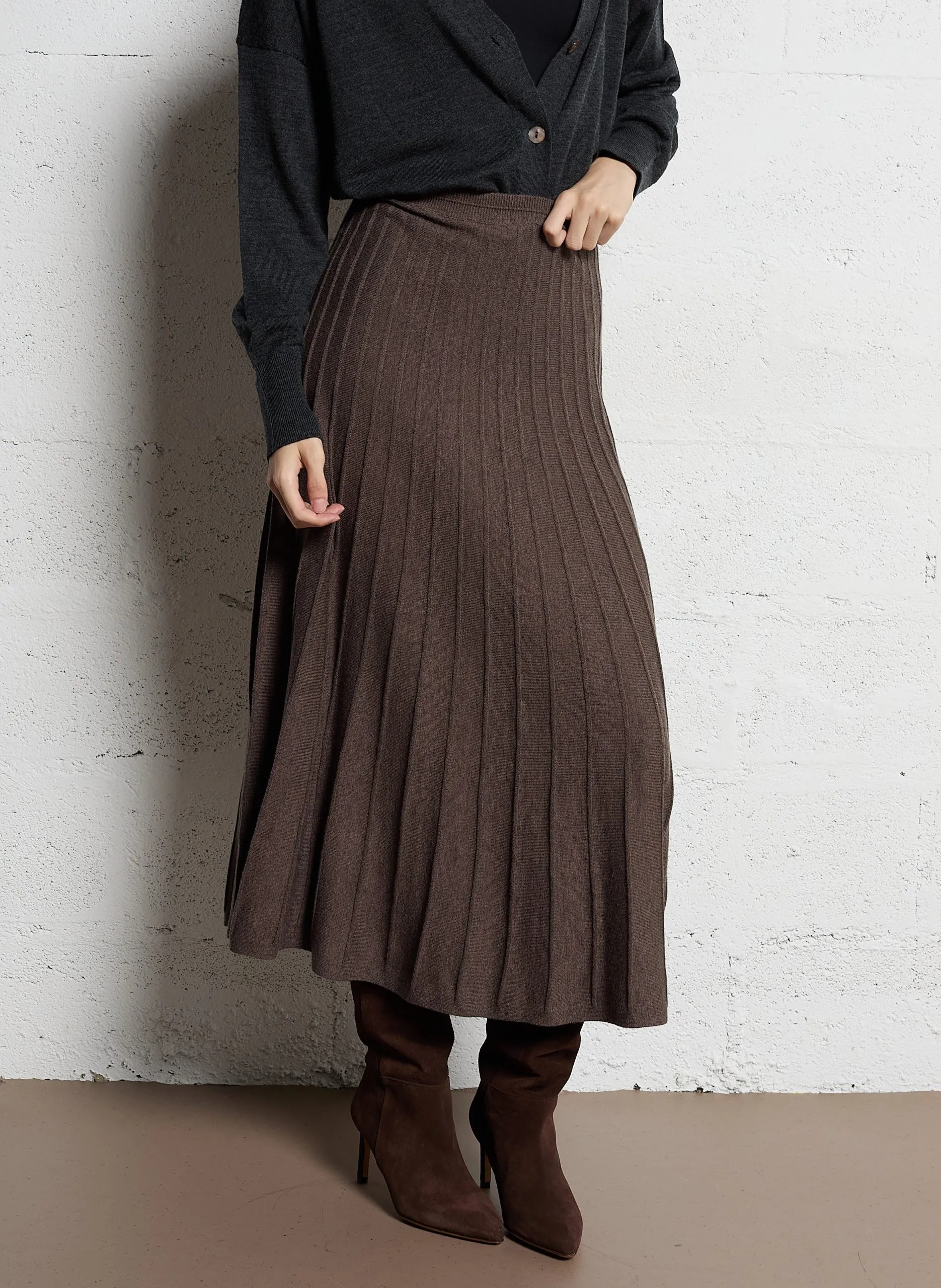 Jupe midi côtelée en laine mélangée Marron JADA