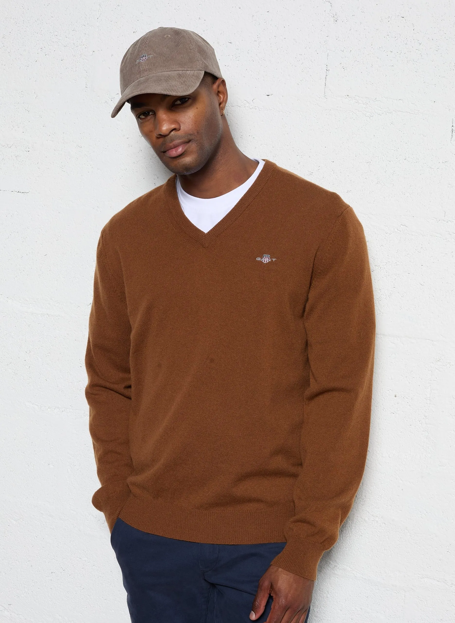 Pull droit col V brodé en laine Orange