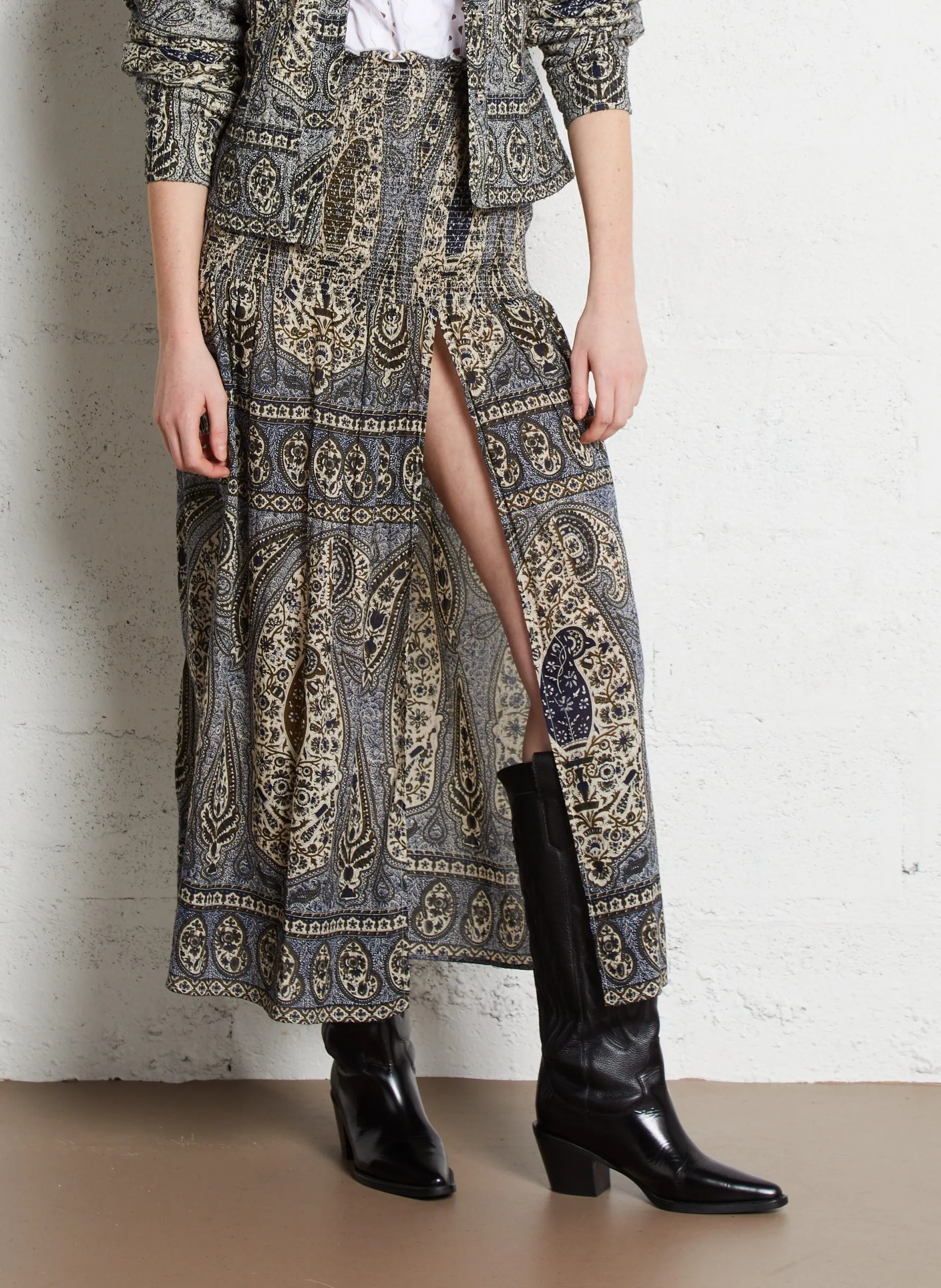 Jupe midi imprimée en coton Noir TAYA