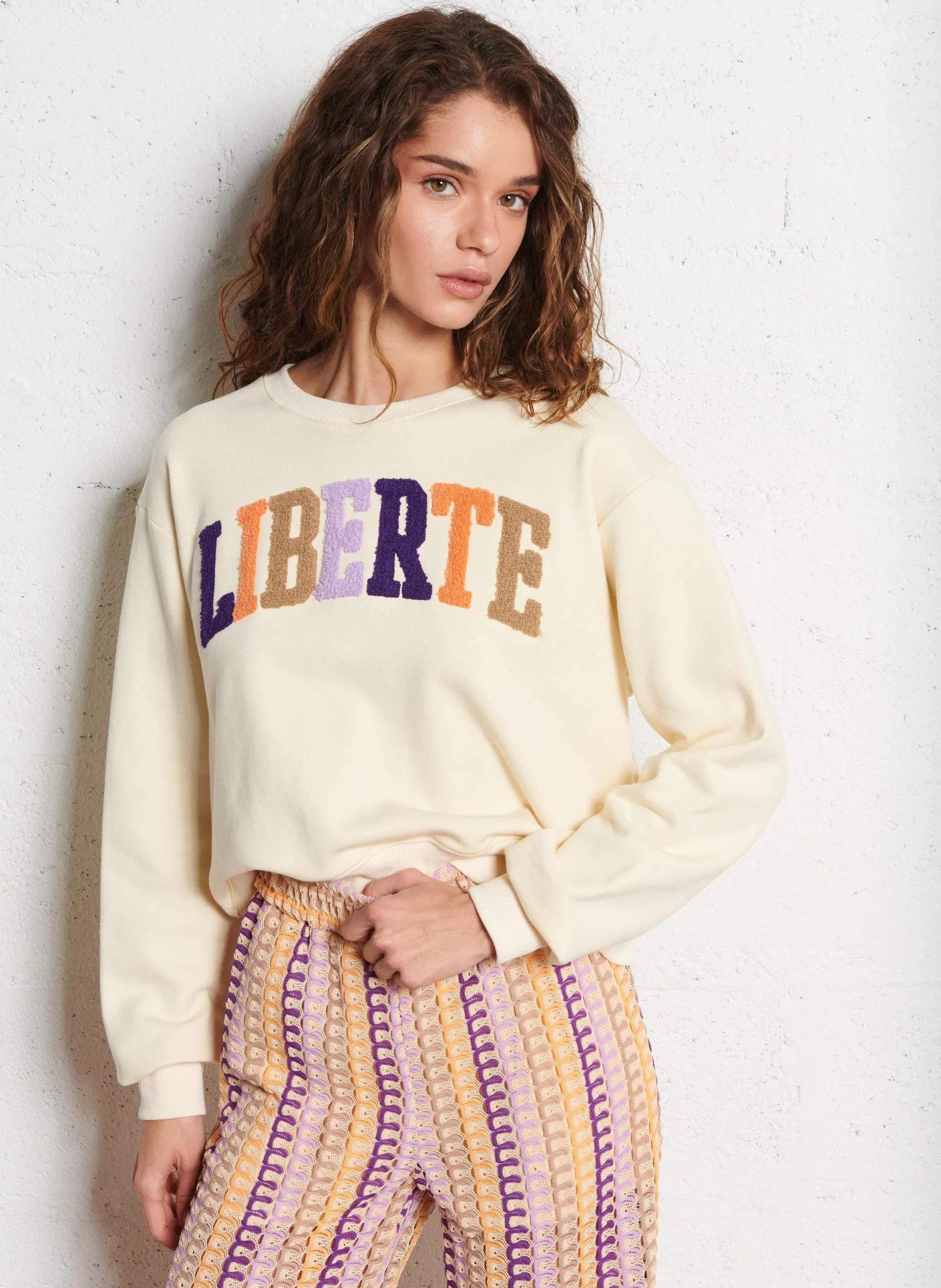 Sweat broderie en coton Beige SANDY