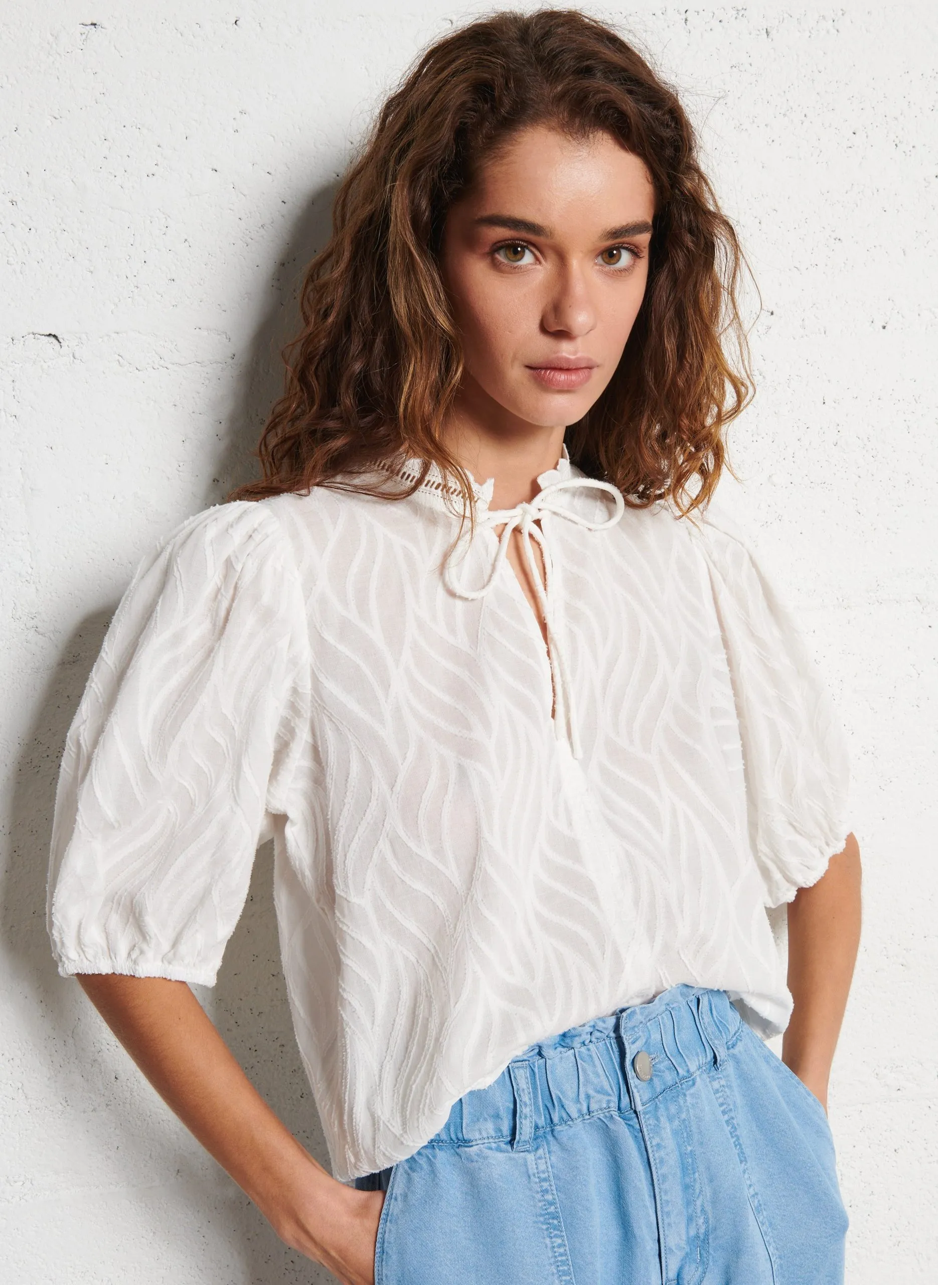 Blouse col rond en coton bio Beige LUXY