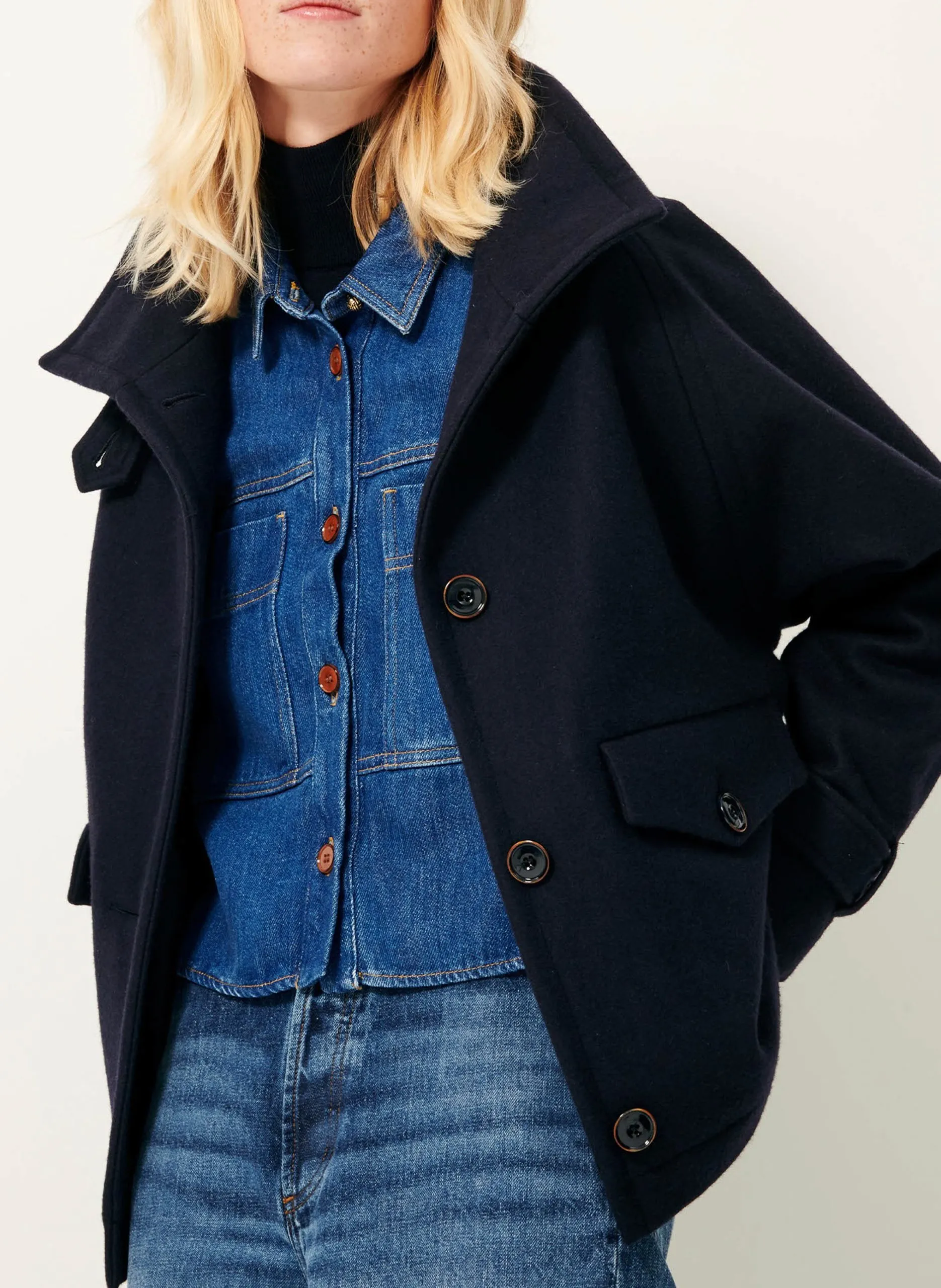 Manteau court col montant en laine mélangée Bleu LEE WOOLY