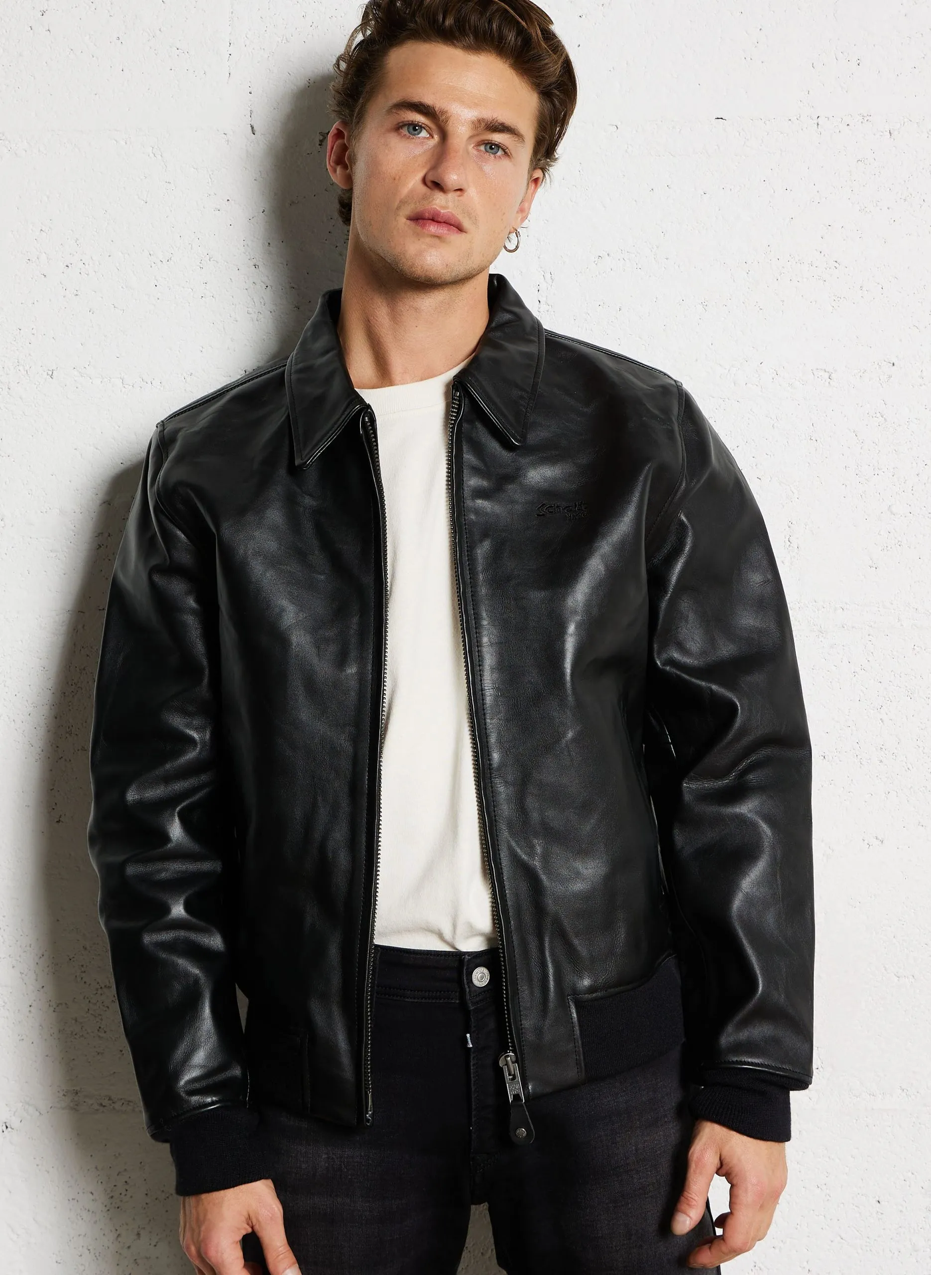 Veste col classique en cuir Noir