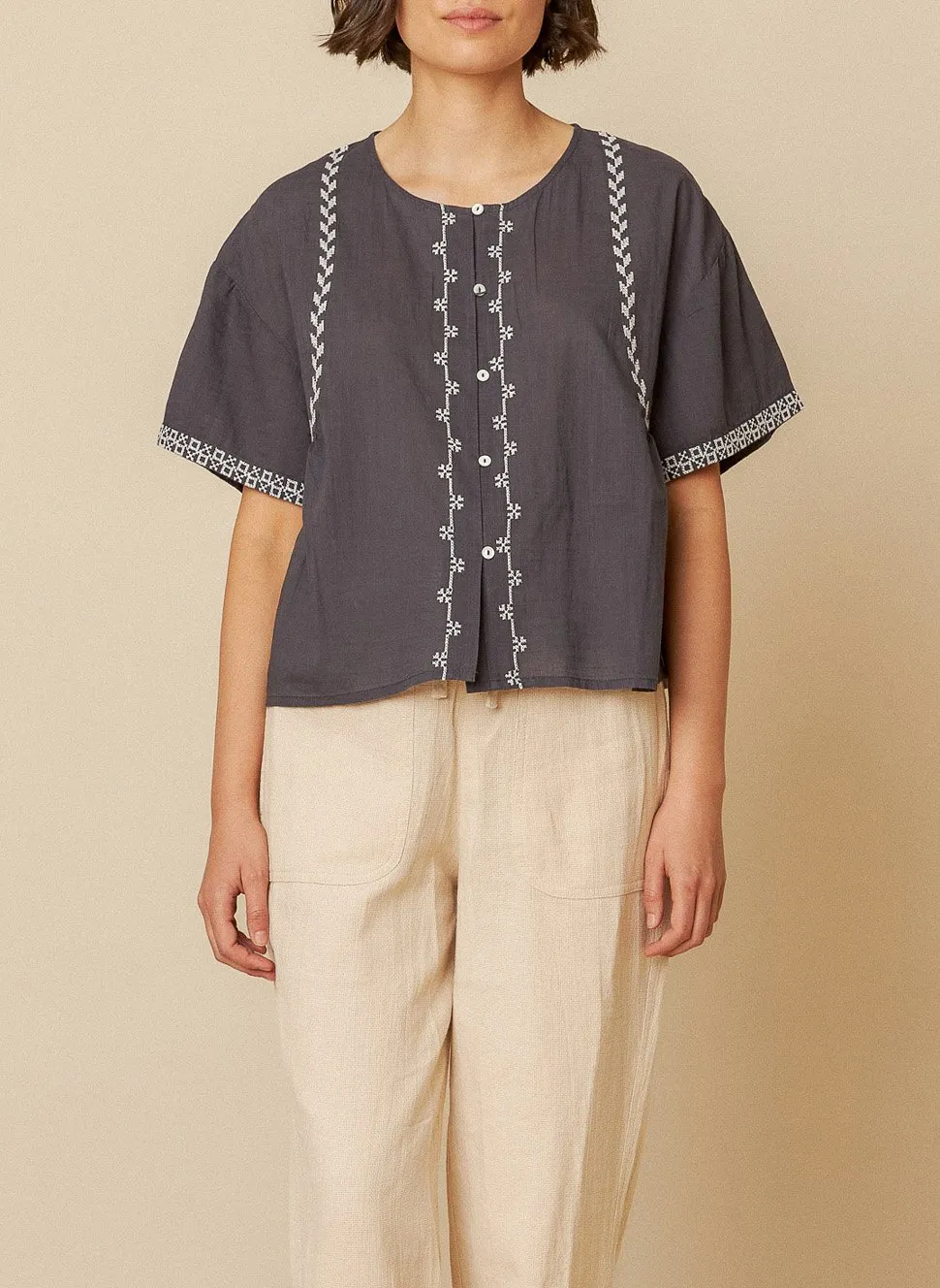 Chemise droite en coton brodé Noir