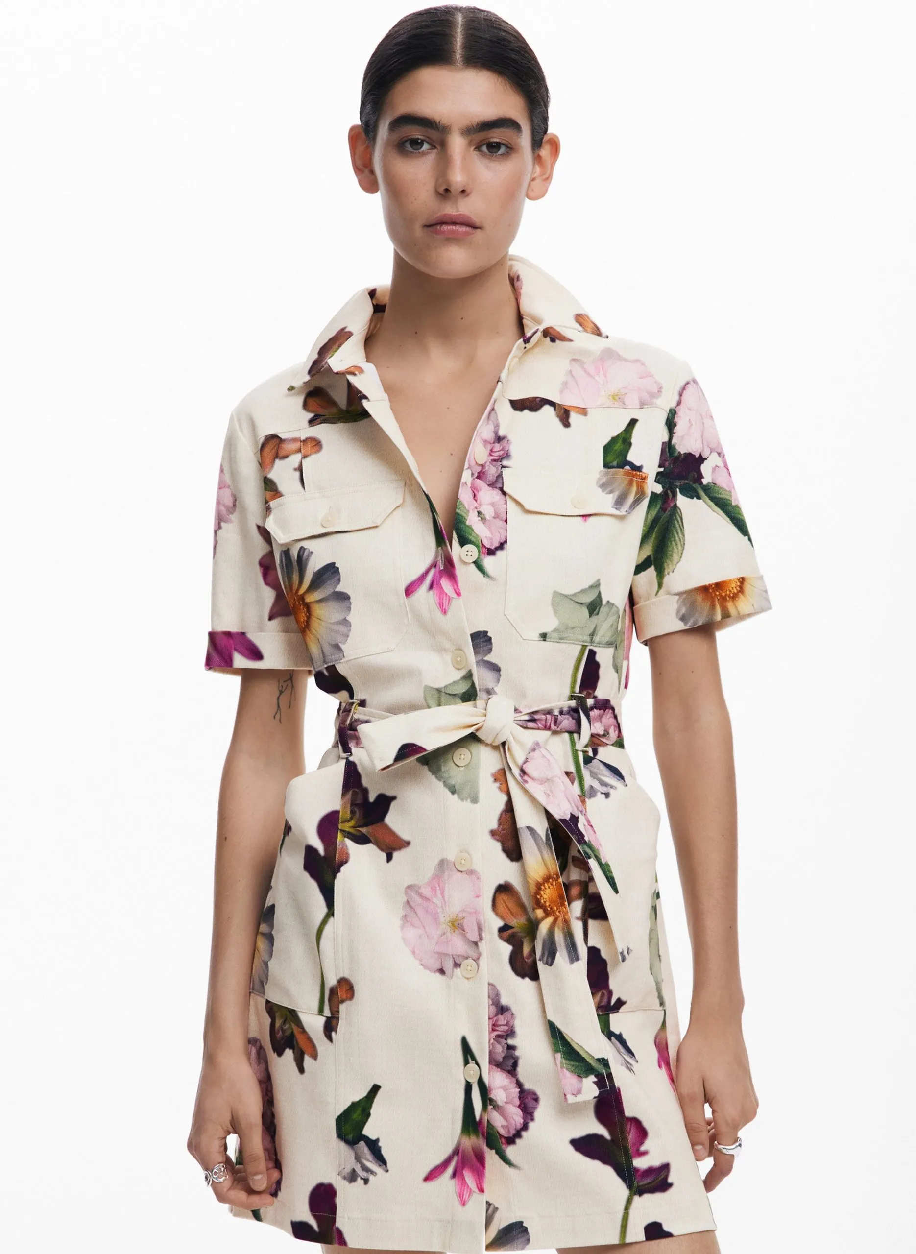 Robe droite col classique en coton mélangé Blanc