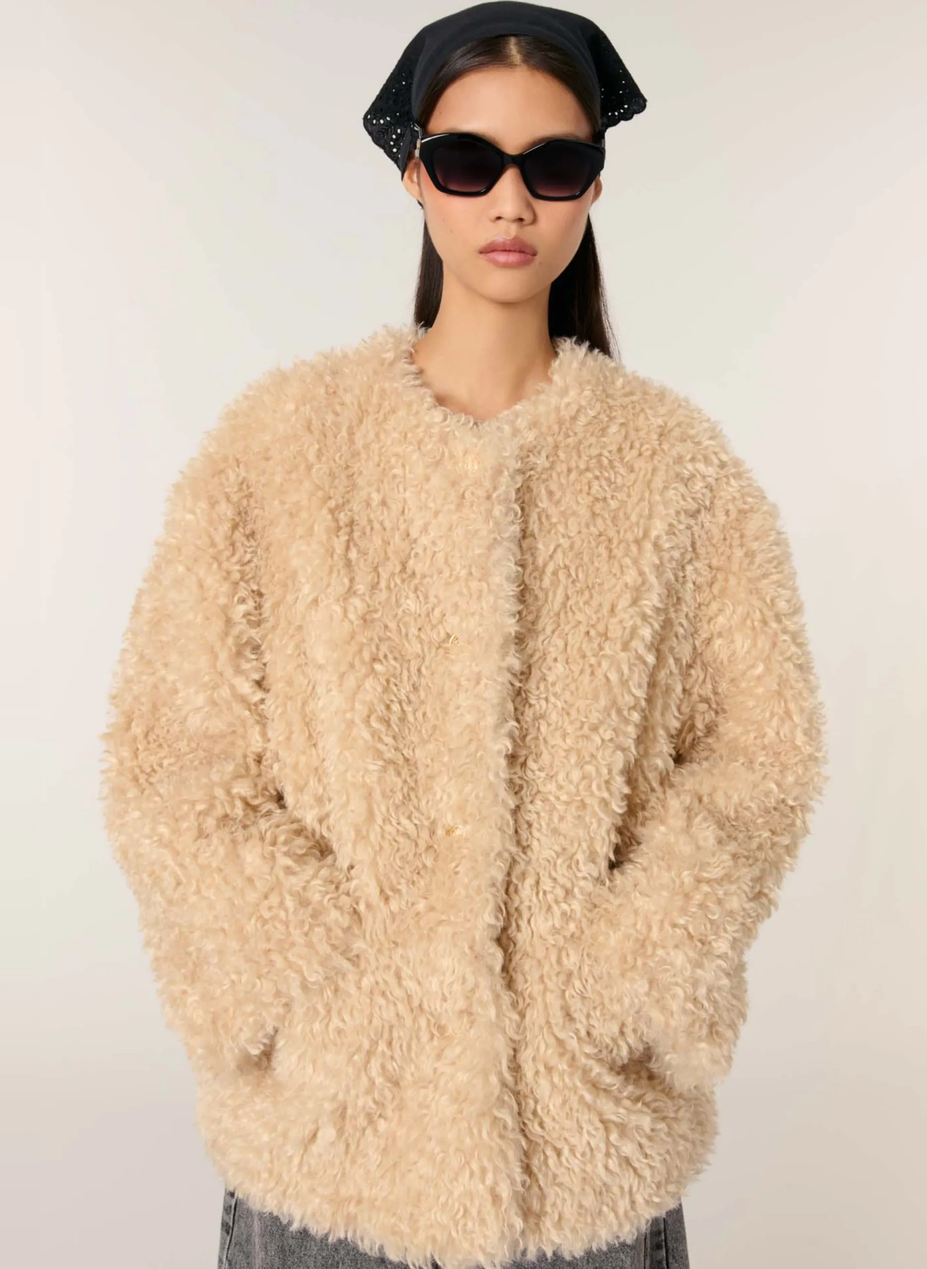 Manteau col rond effet fourrure Beige
