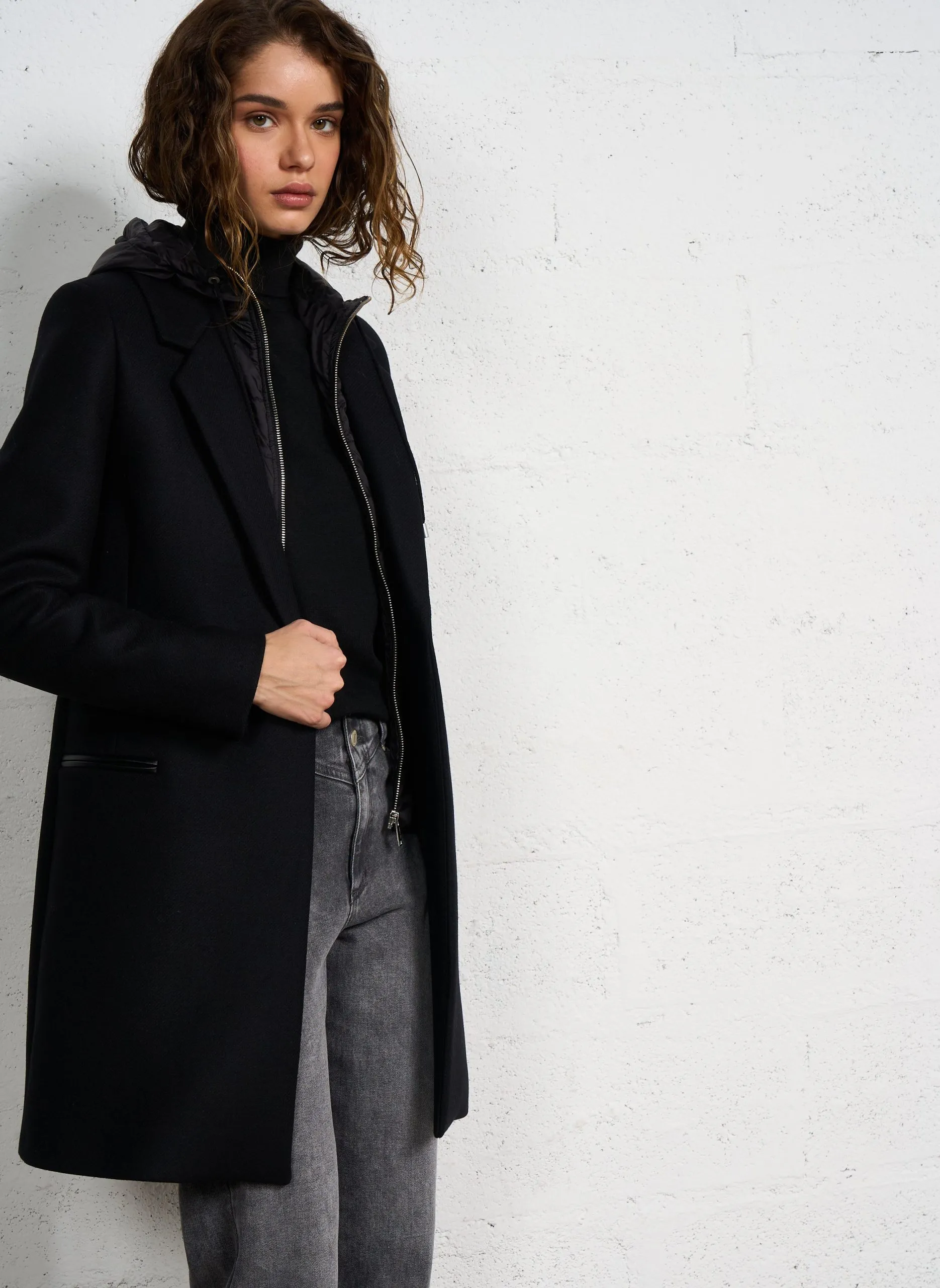 Manteau à capuche en drap de laine Noir