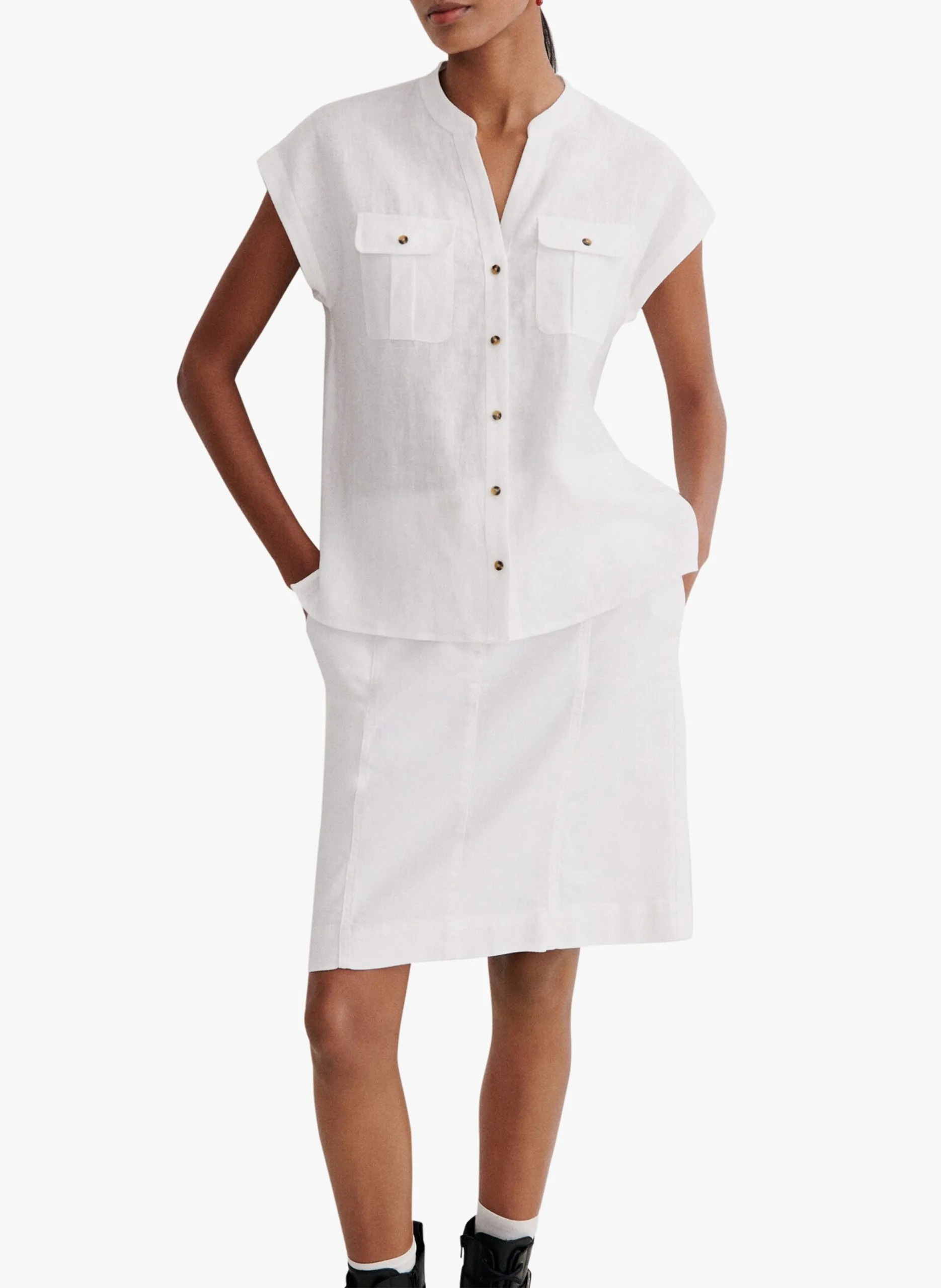 Blouse ample à col tunisien en lin Blanc SK062-GINA