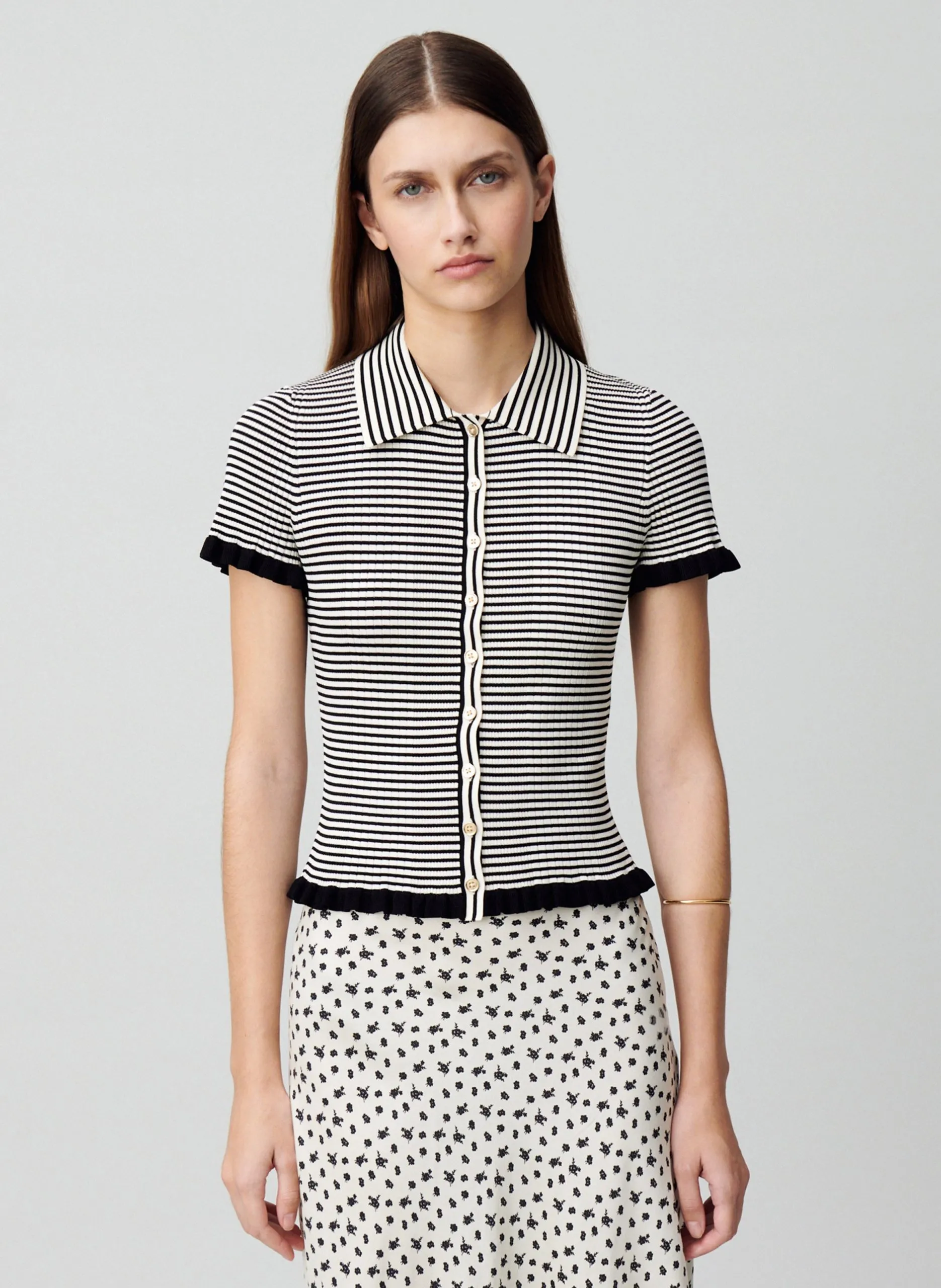 Top col classique à rayures Beige