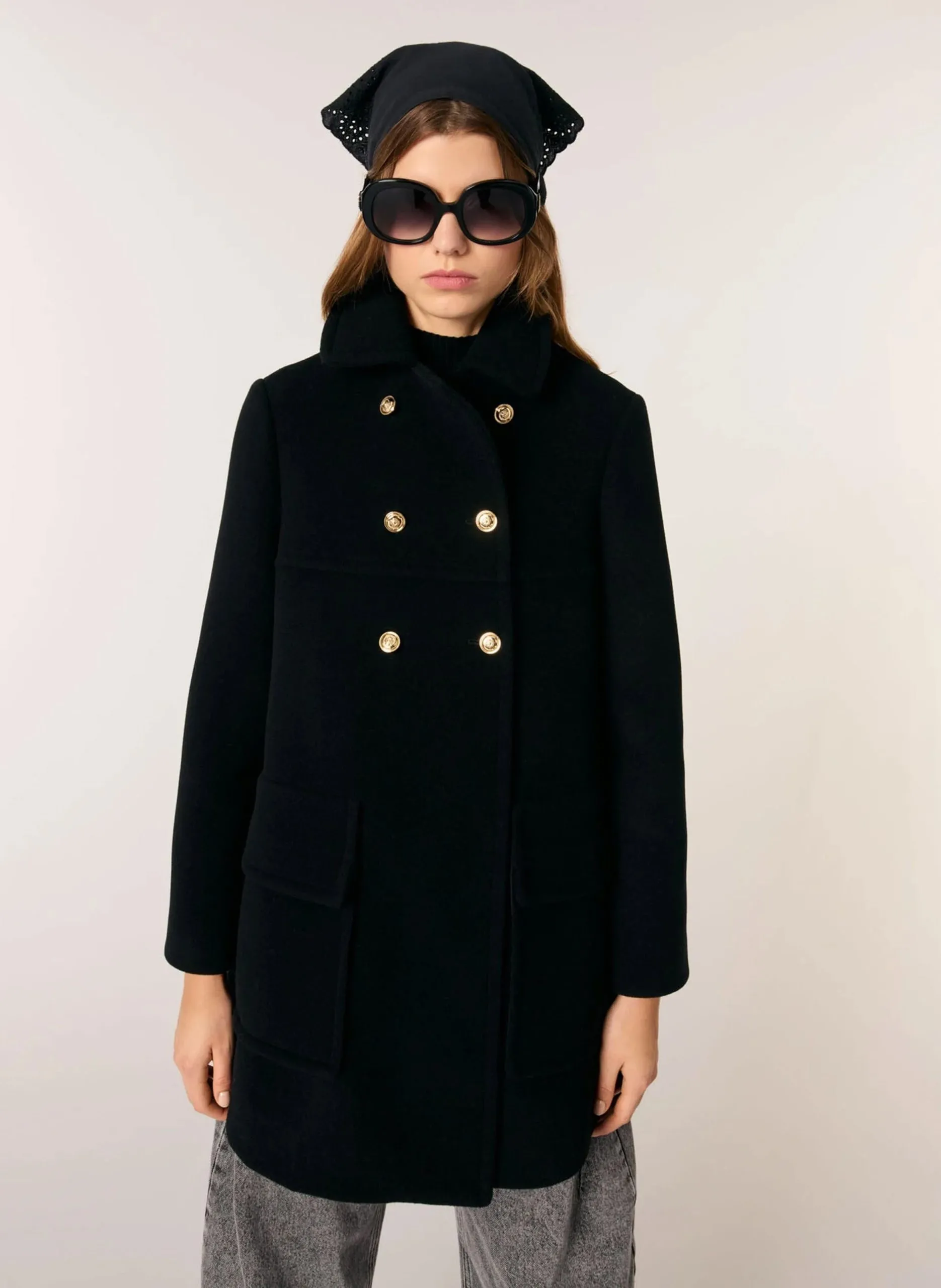 Manteau droite col classique en laine mélangée Noir