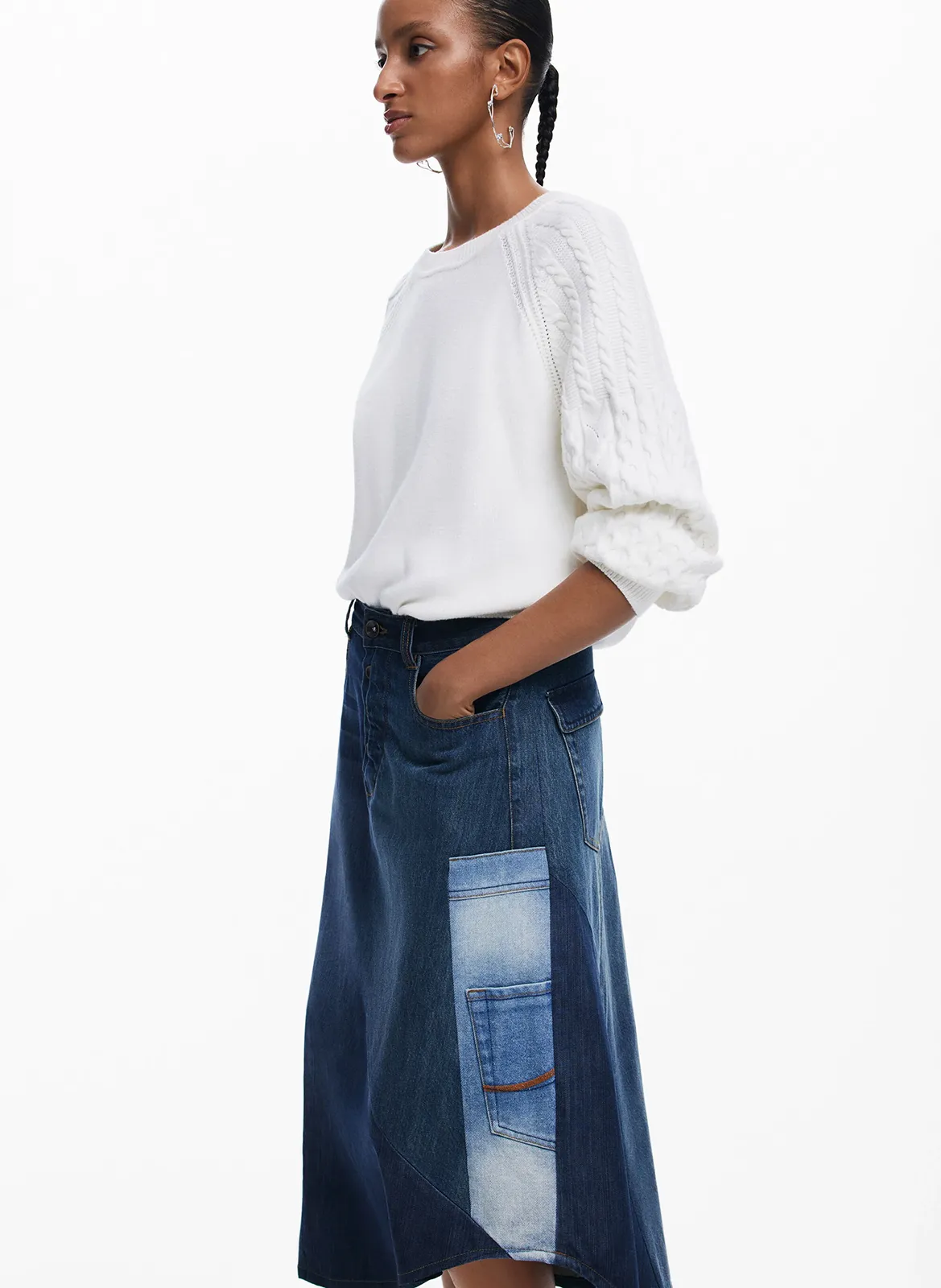 Jupe midi patchwork denim Bleu