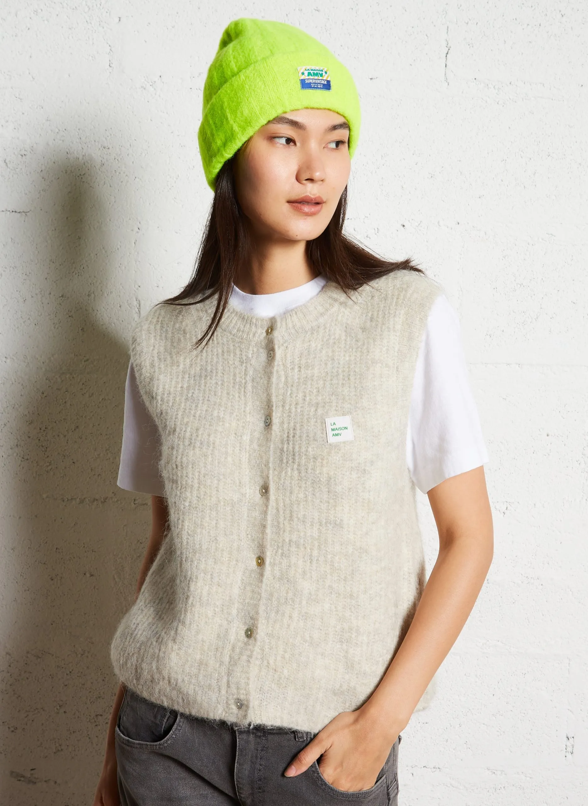 Gilet sans manches en maille duveteuse Beige EAST