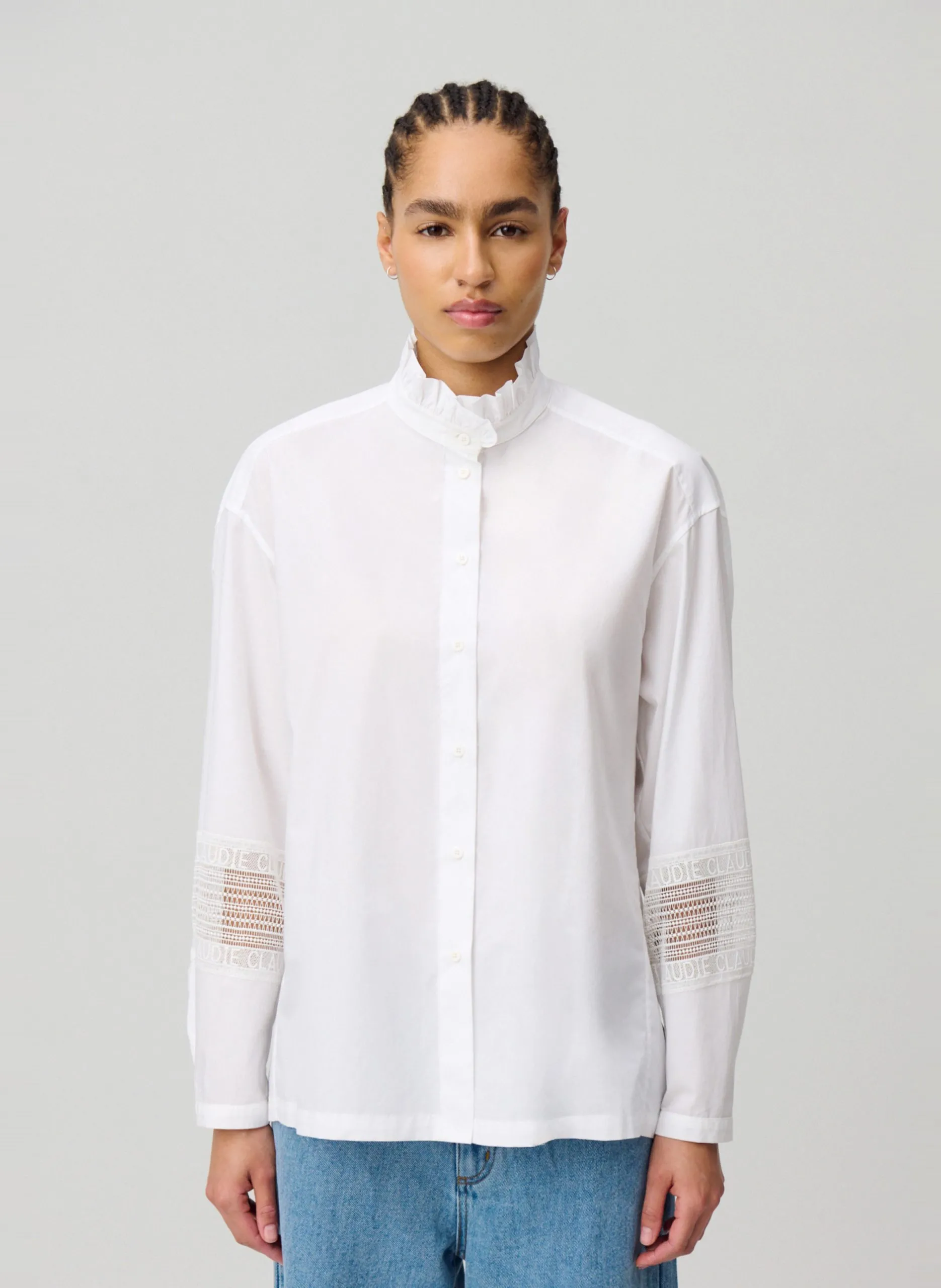 Chemise à col volanté en coton Blanc