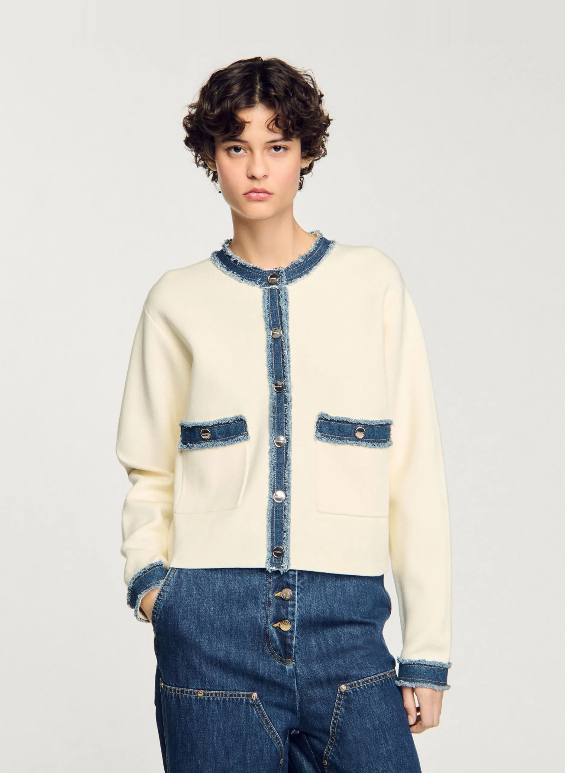 Cardigan à détails denim en coton Blanc