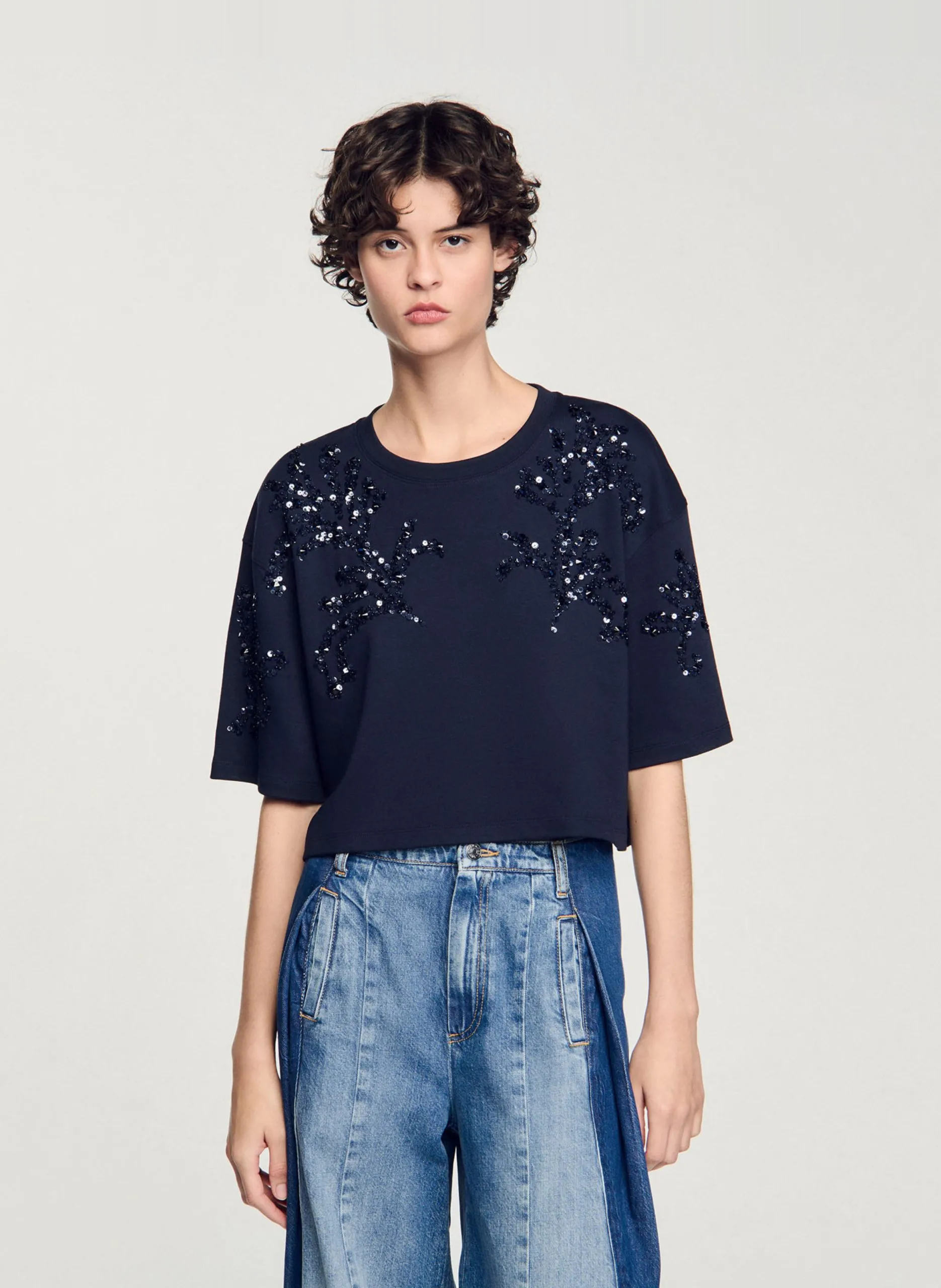 Tee-shirt perlés en coton mélangé Bleu