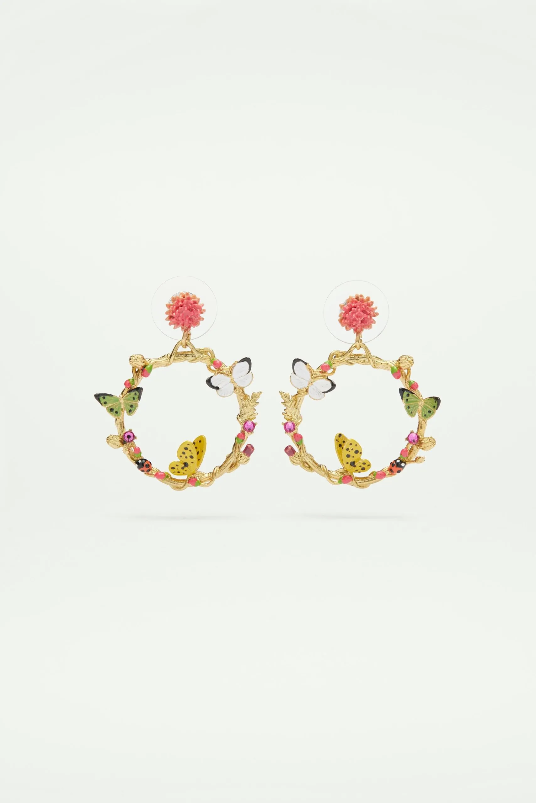 Boucles d'oreilles tiges pendantes papillons émaillés et éléments végétaux Multicolore