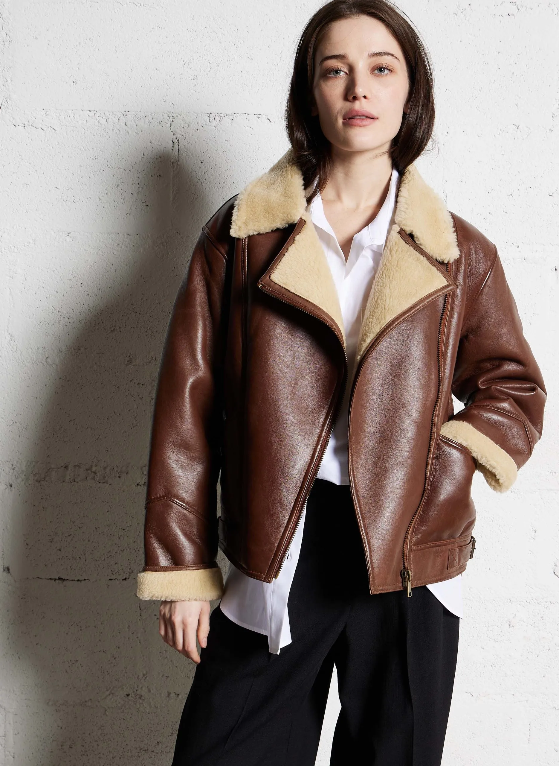 Veste droite en cuir Marron FOLIO