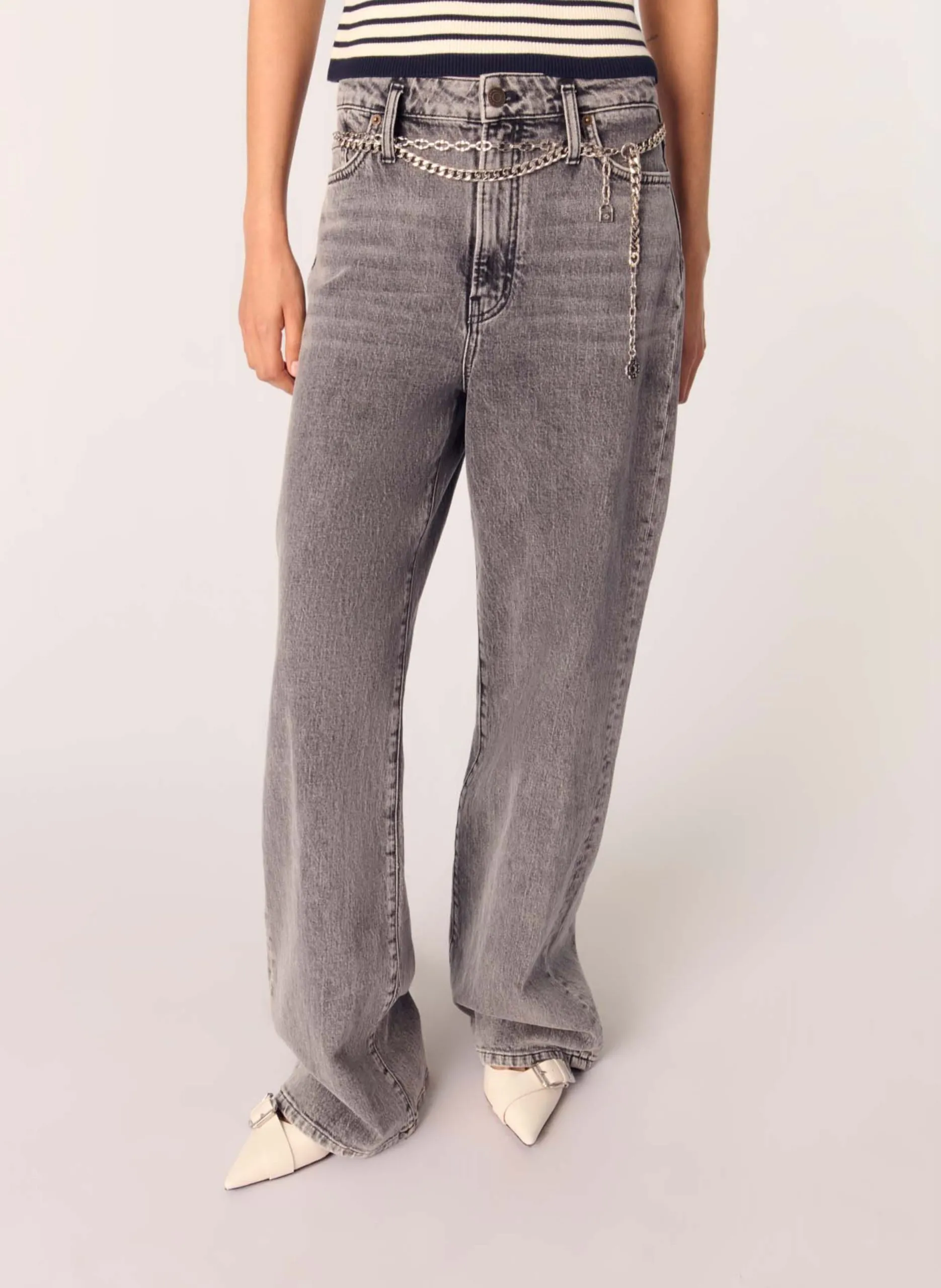 Jean droit délavé en coton mélangé Gris