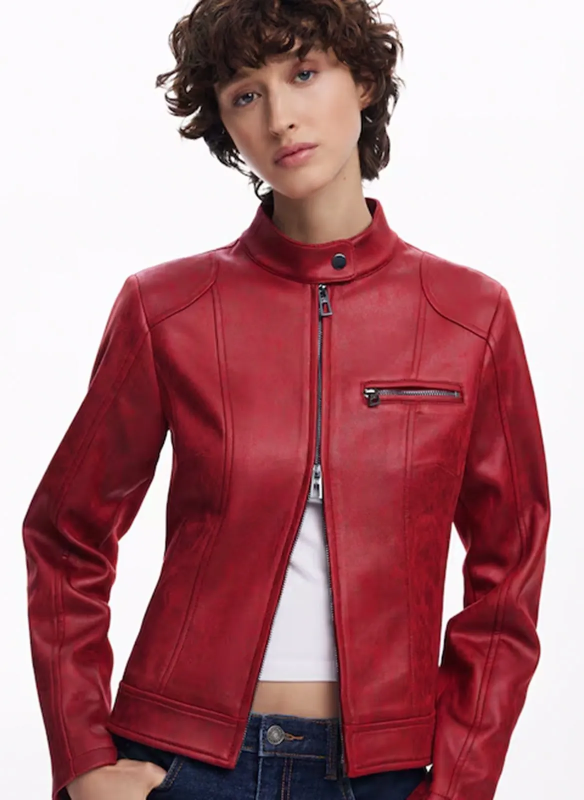 Veste droite effet cuir Rouge