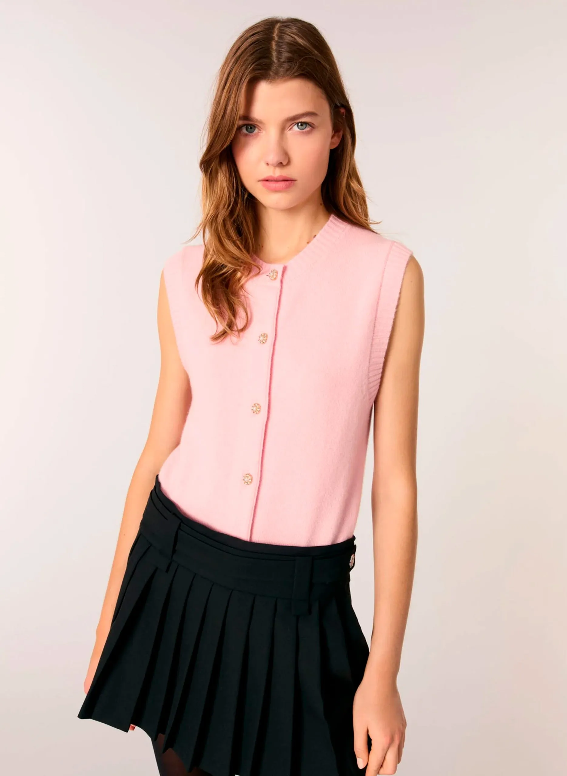 Cardigan sans manches boutonné en laine mélangée Rose