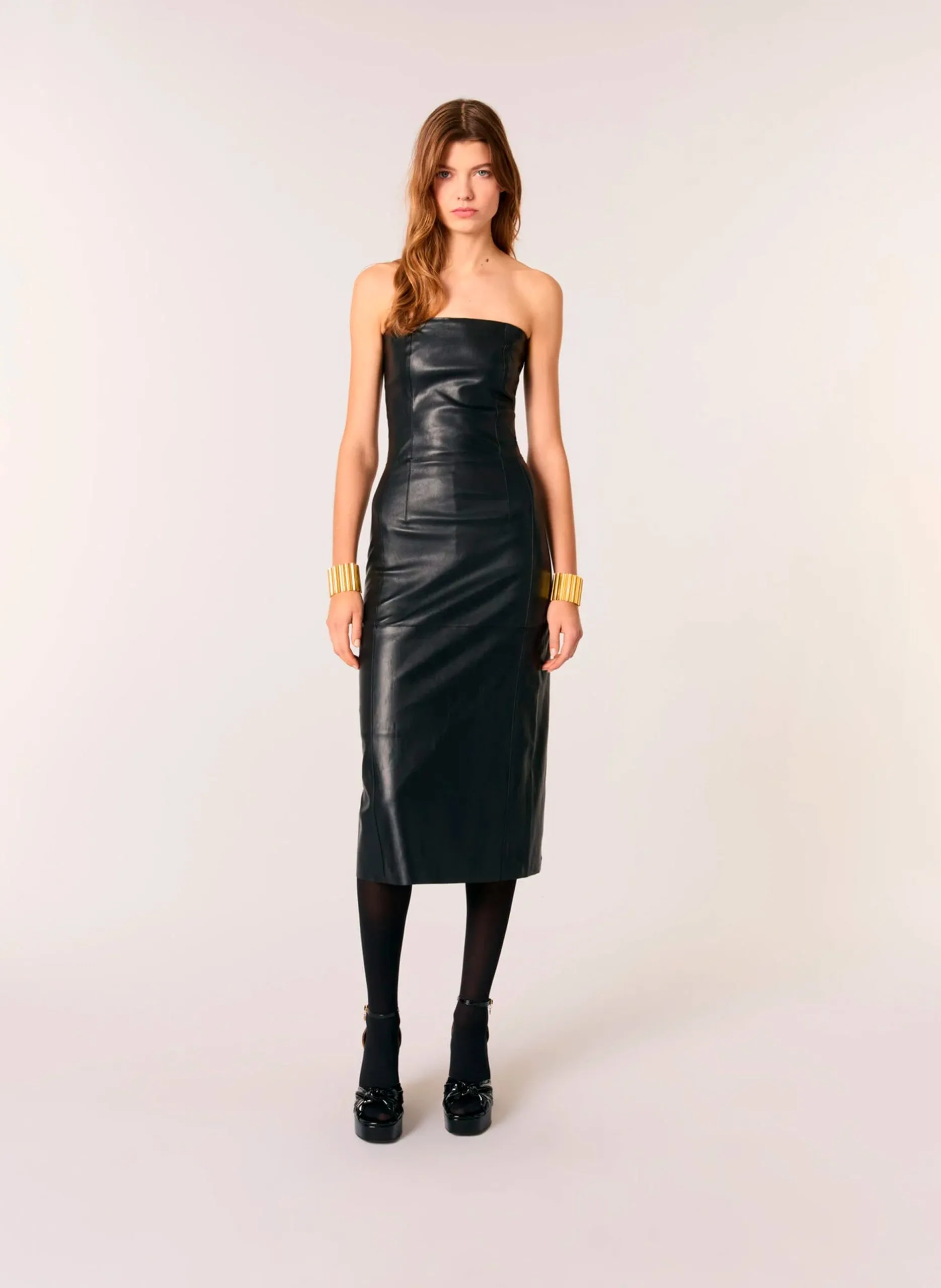 Robe bustier midi en cuir stretch Noir