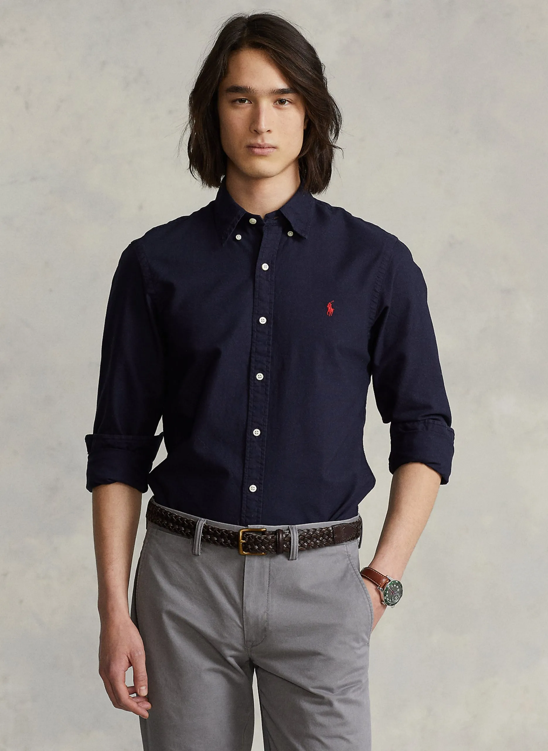 Chemise col américain slim-fit en coton Bleu