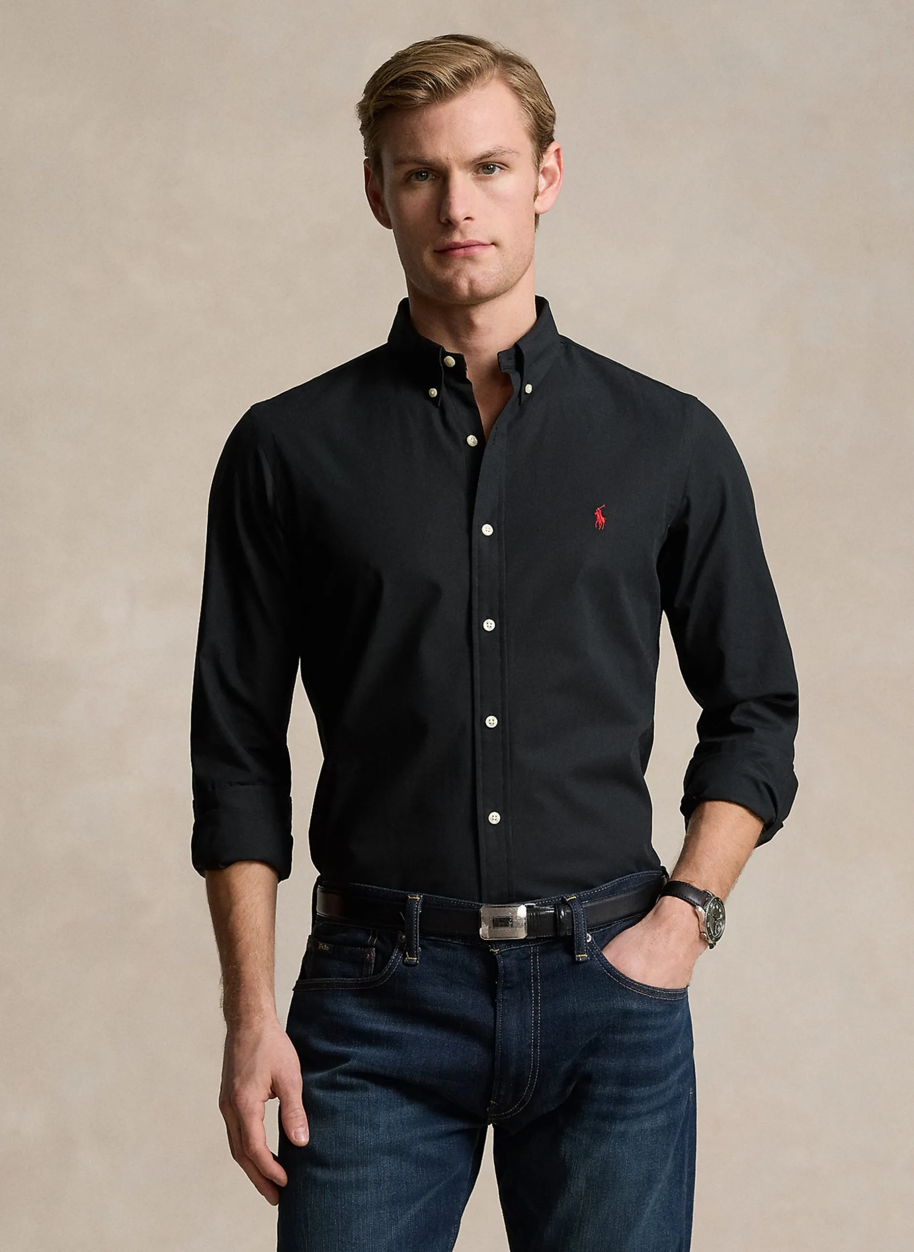 Chemise slim-fit en coton mélangé Noir