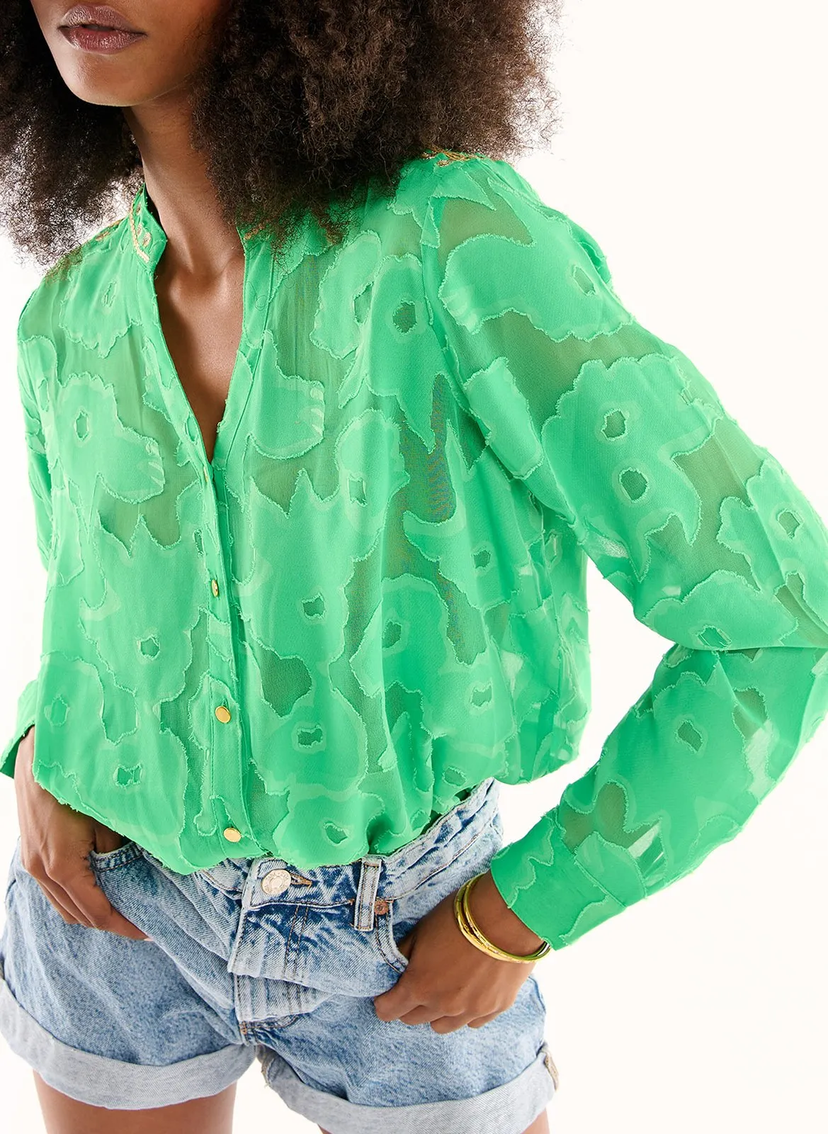Blouse col tunisien en dentelle Vert VIRGIL