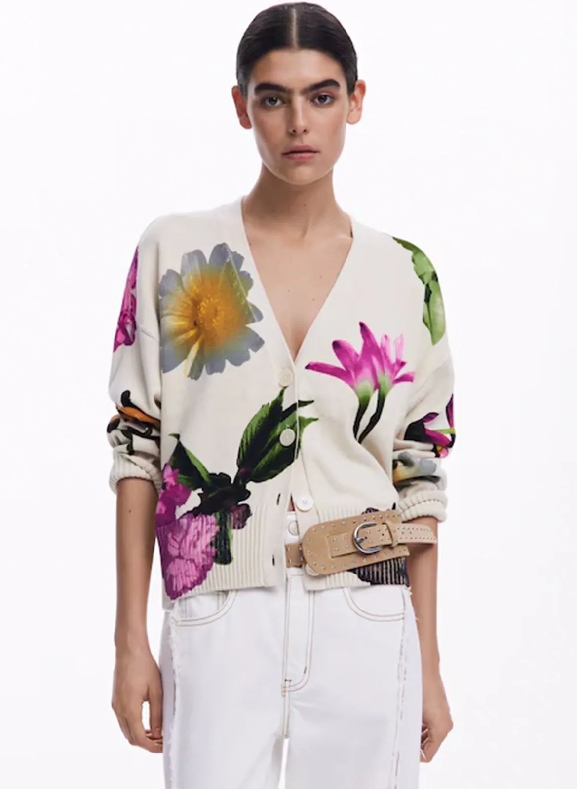 Cardigan oversize en coton mélangé imprimé Blanc