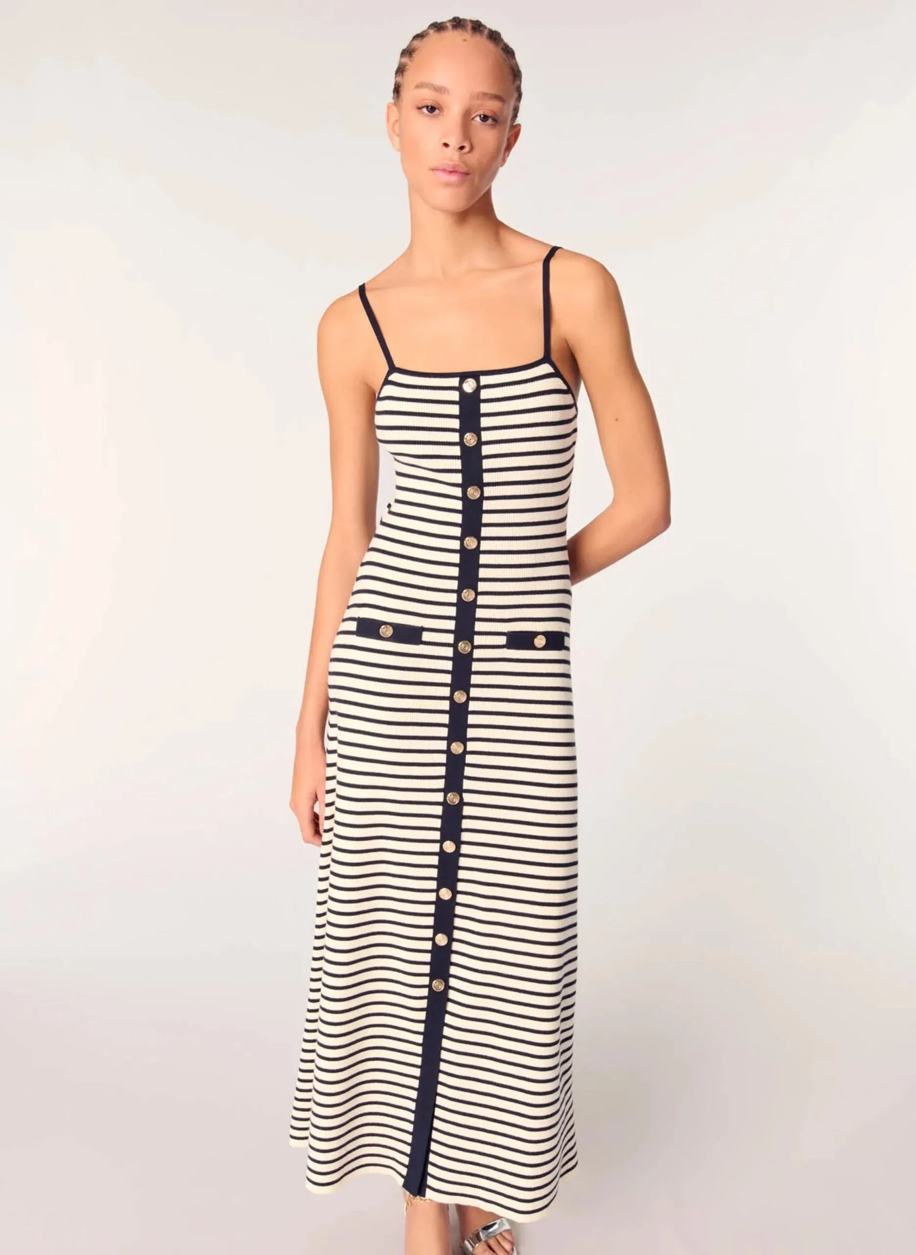 Robe longue rayée à bretelles Bleu