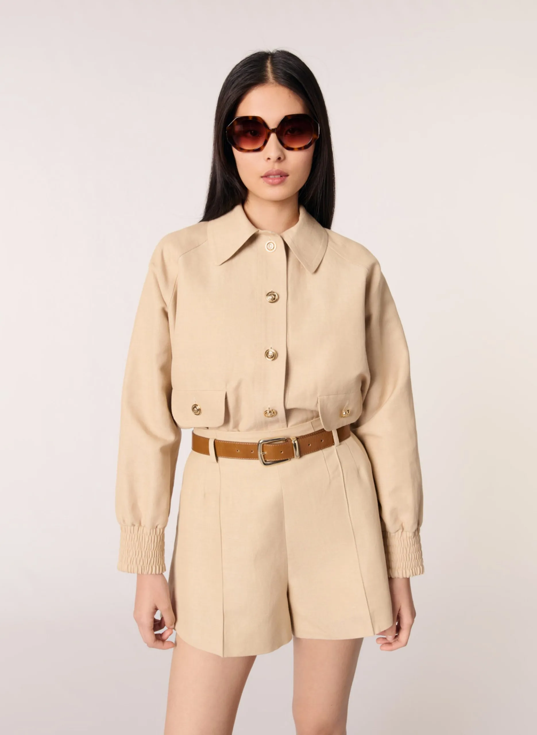 Short droit en lin mélangé Beige