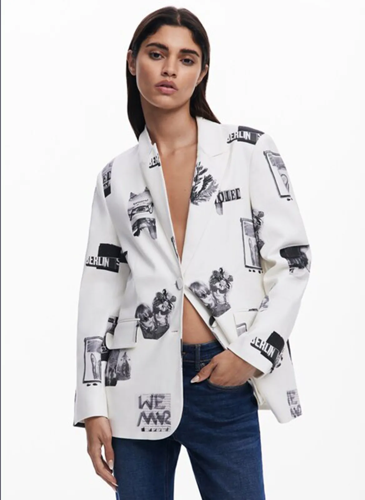 Veste de tailleur droite à motifs Blanc