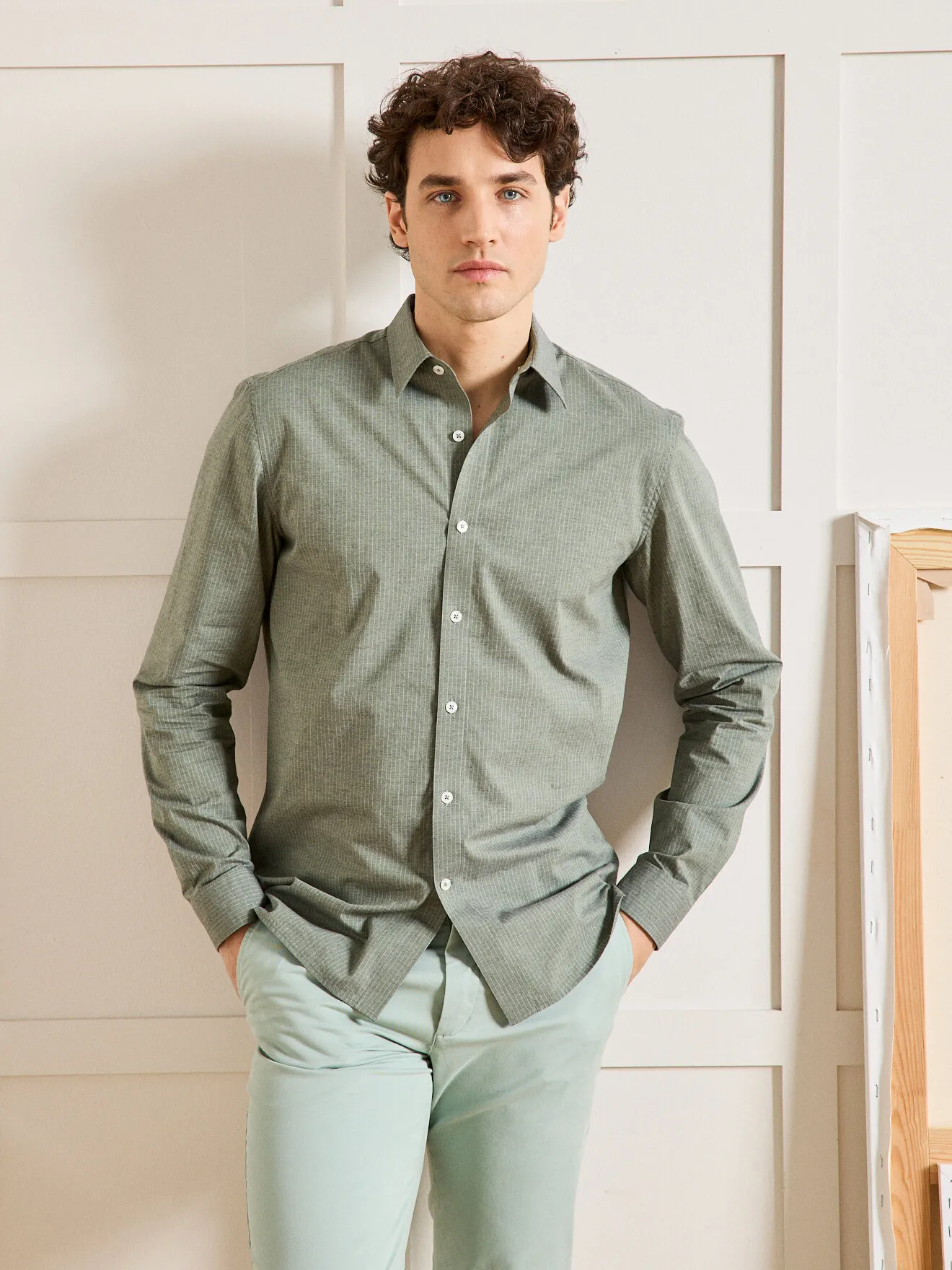 Chemise popeline fines rayures regular fit Vert