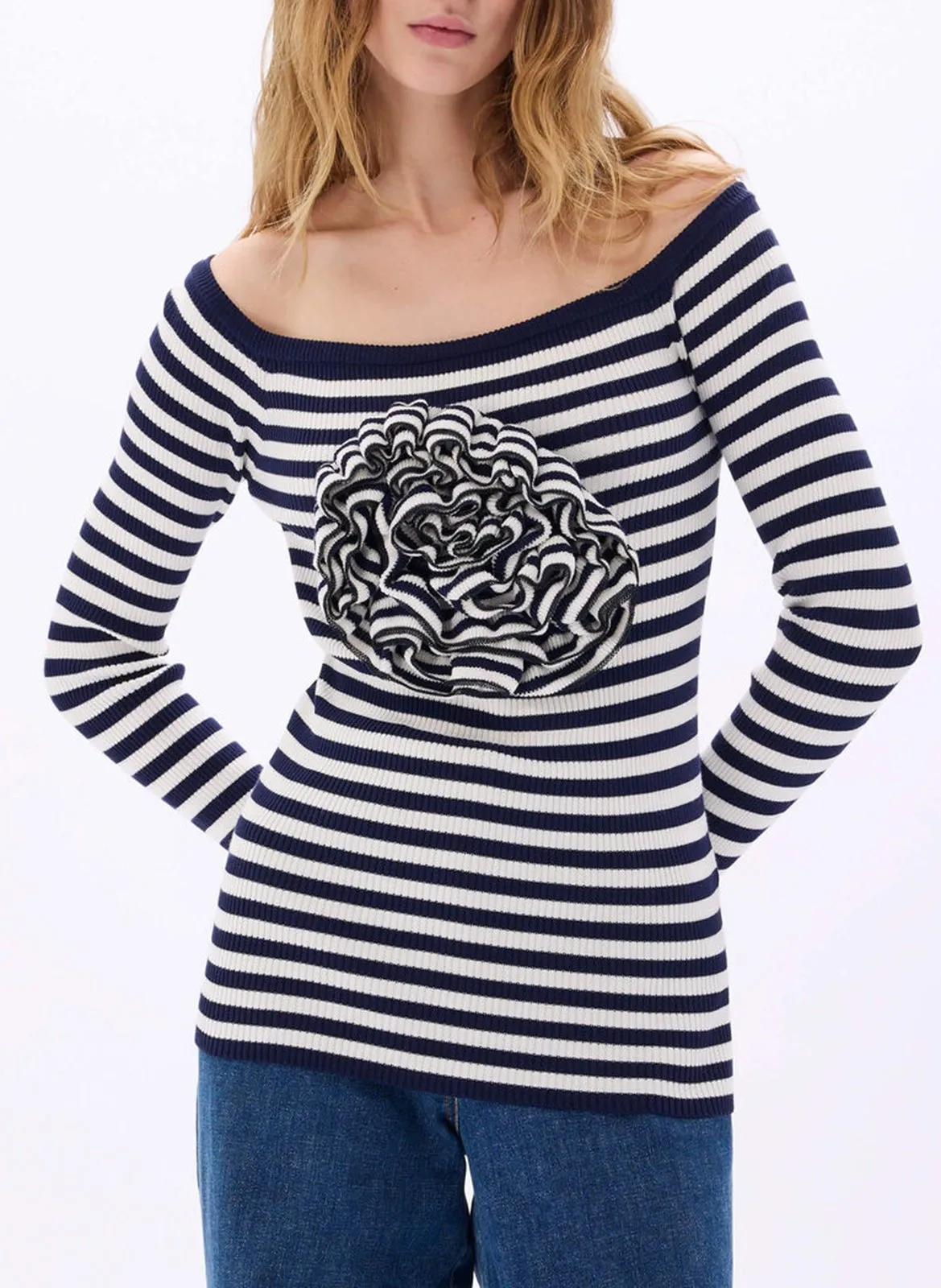 Top col bardot à rayures et design Multicolore