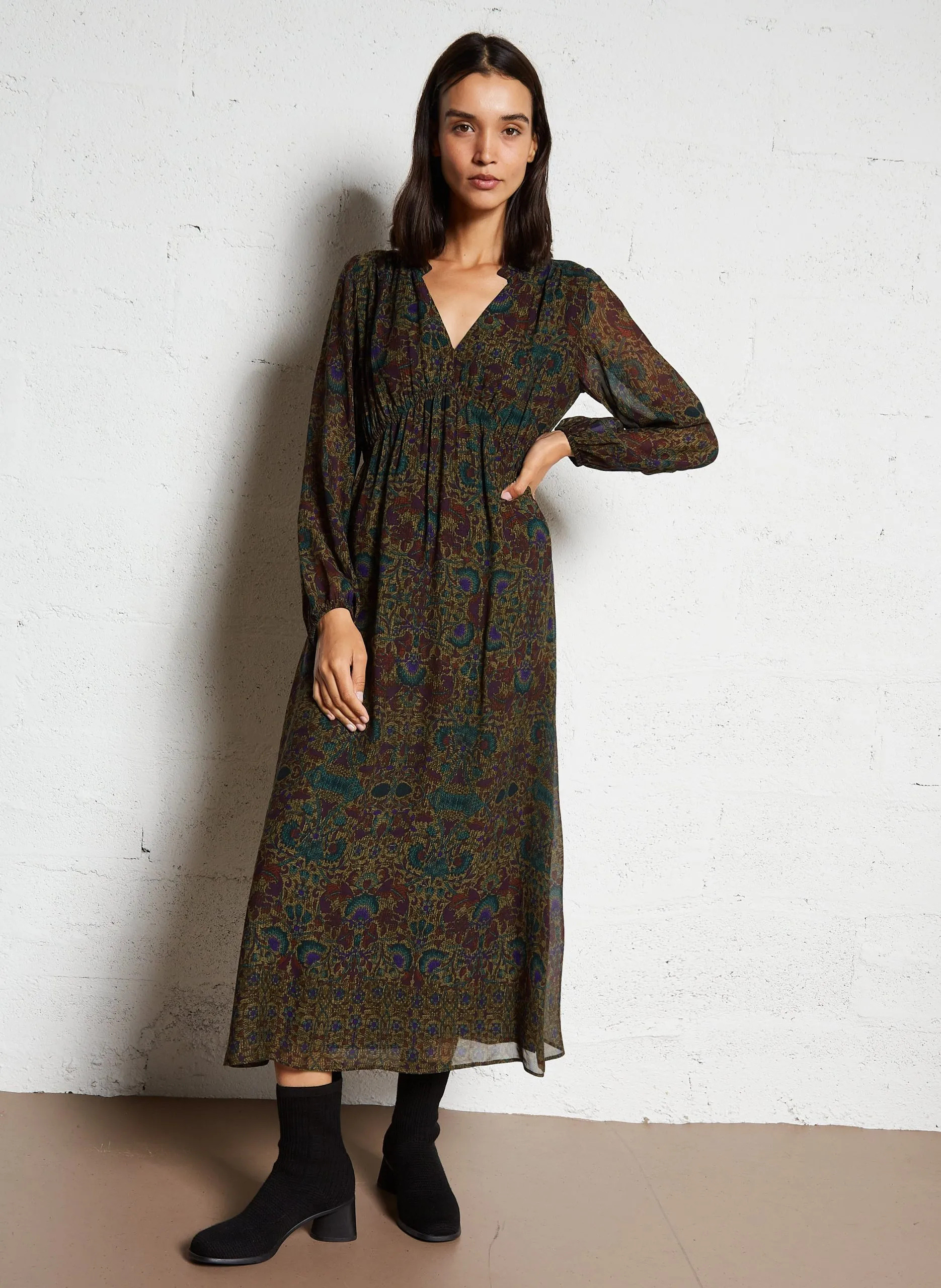 Robe midi imprimée Marron LORETTE