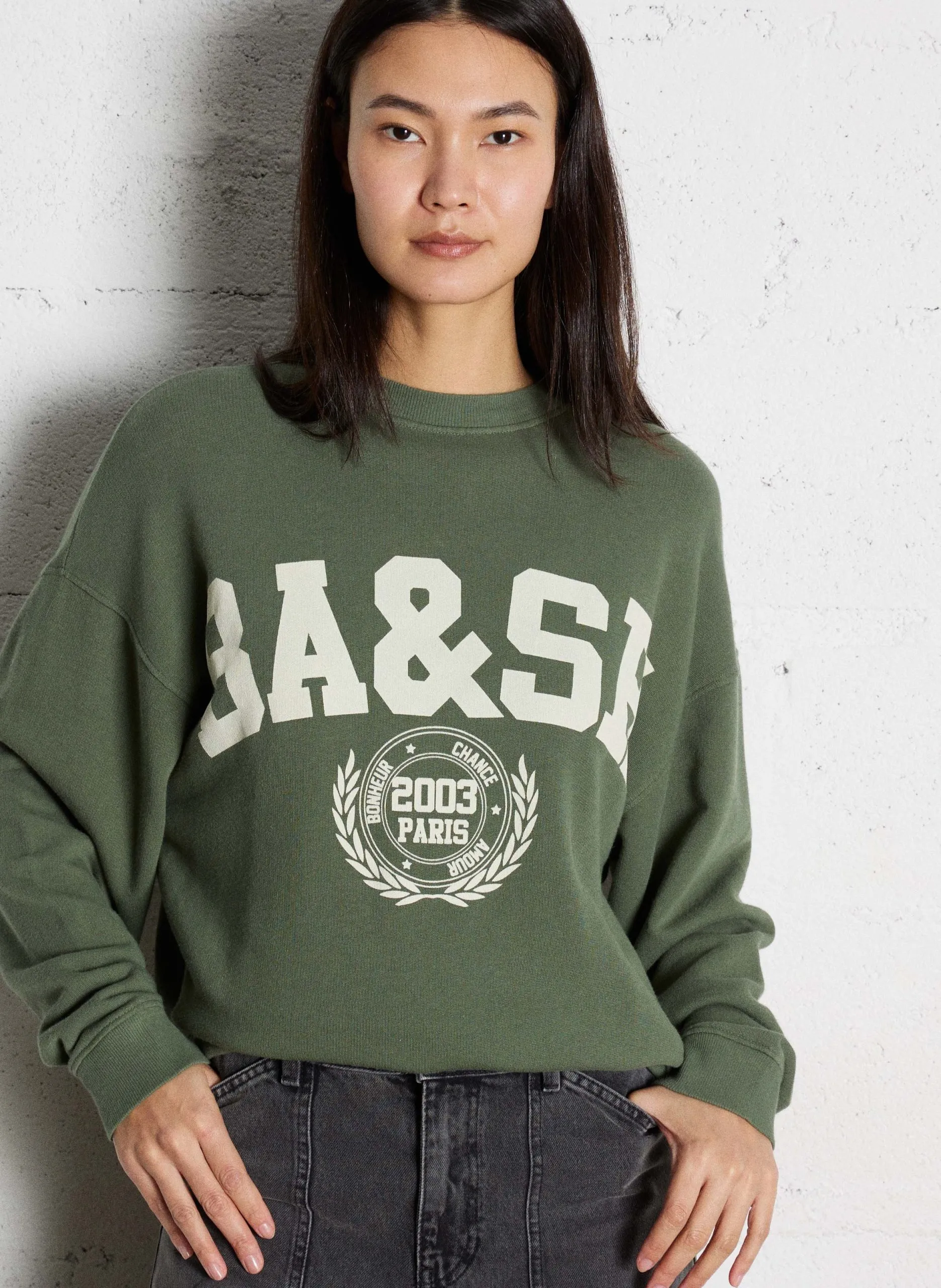 Sweat ample imprimé en coton mélangé Kaki BENJAMIN