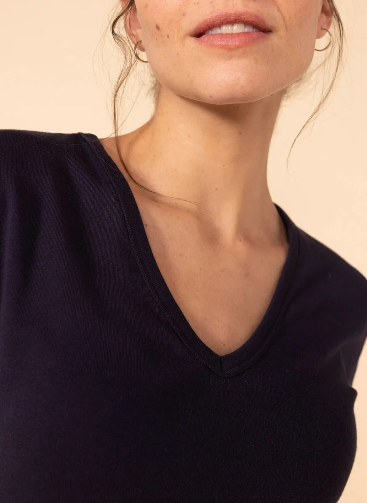 Tee-shirt droit à col V en coton Bleu