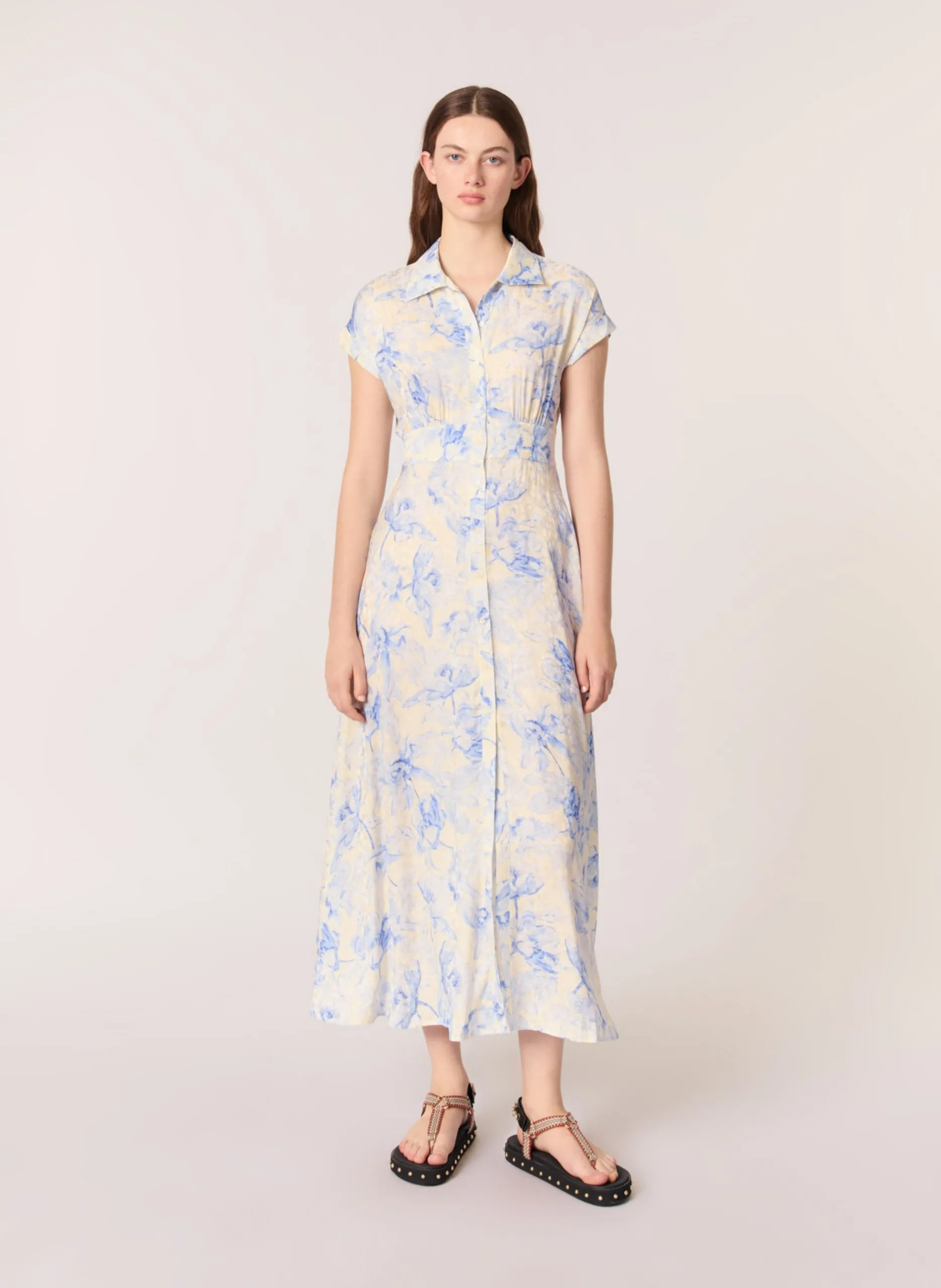 Robe longue cintrée col classique Bleu