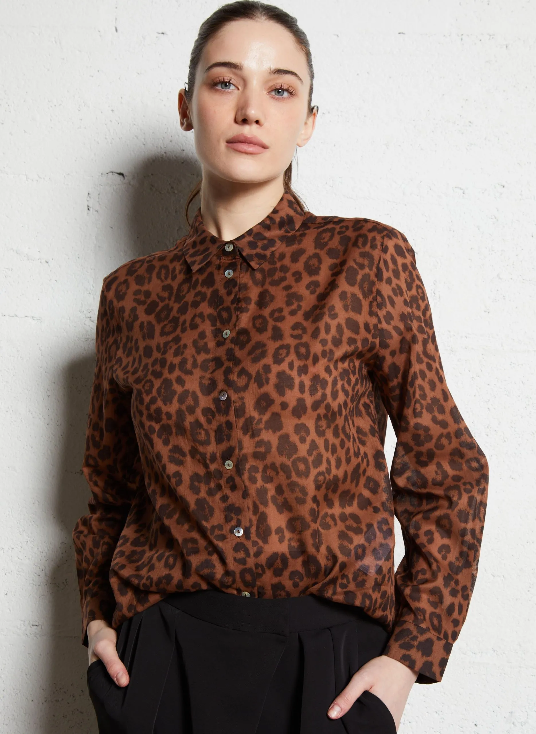 Chemise droite léopard en coton Marron COLETTE