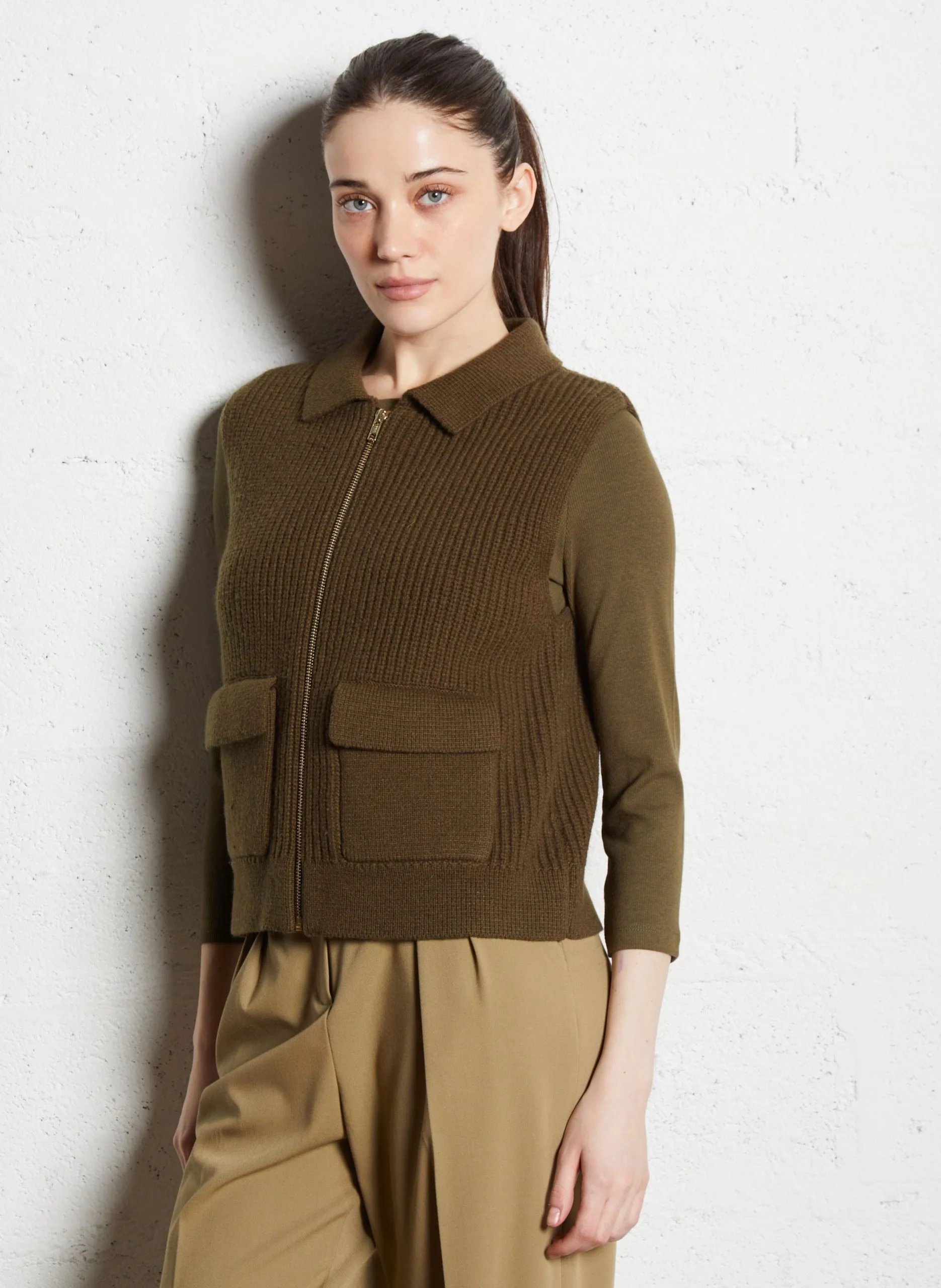 Gilet sans manches en laine Kaki SIMON