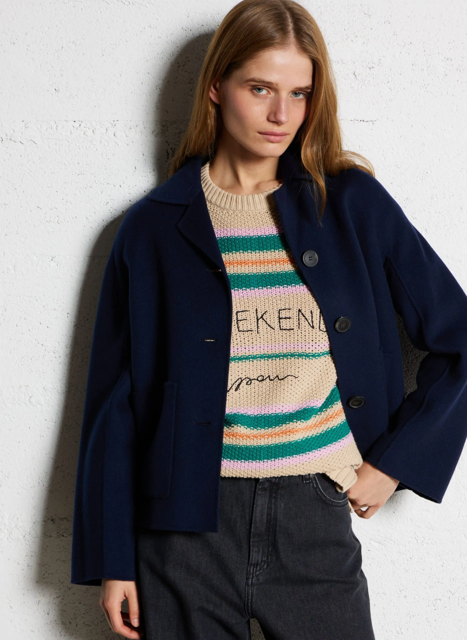 Veste col tailleur en laine vierge mélangé Bleu SALE