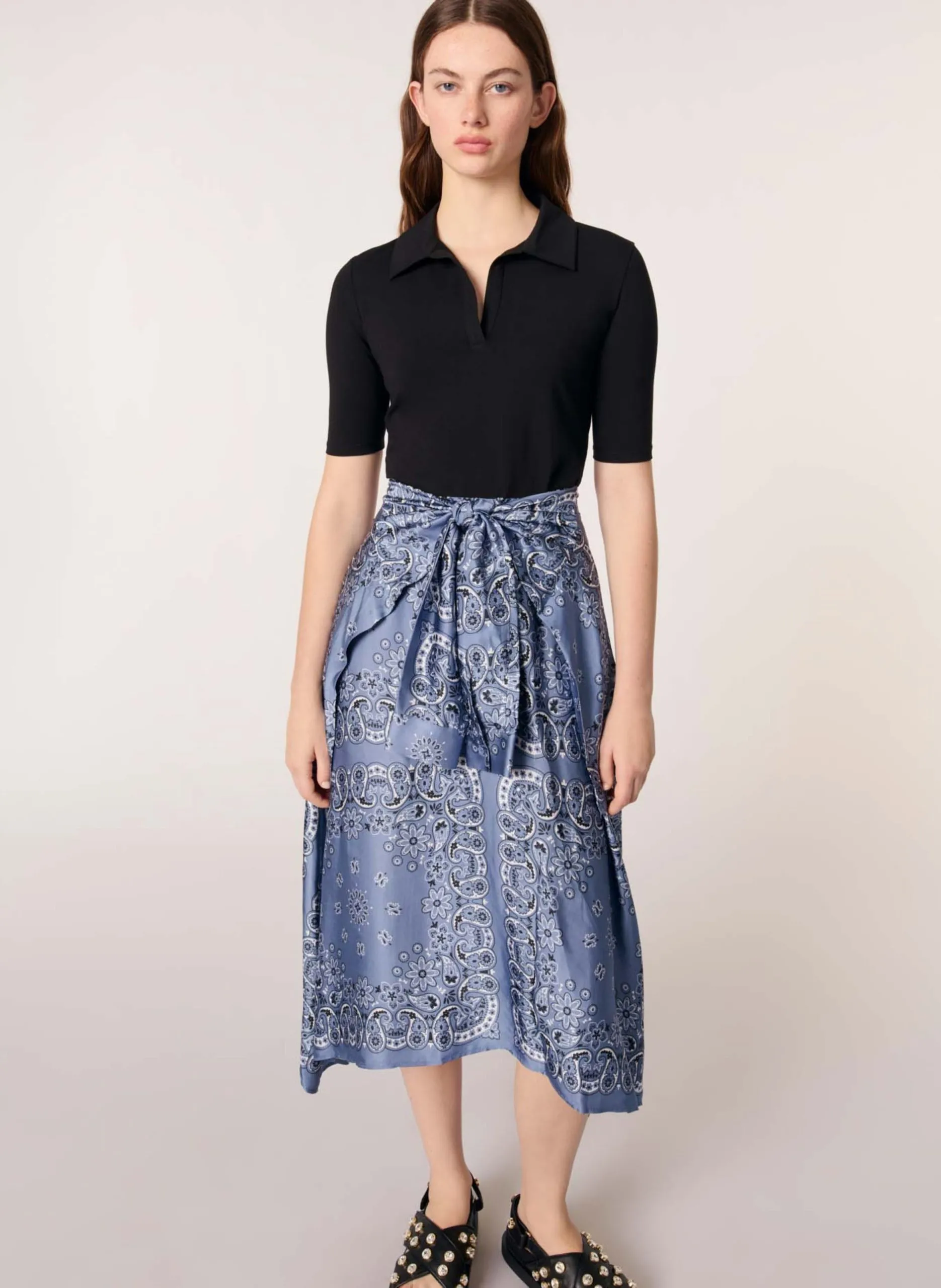 Robe midi bi-matière imprimée Bleu