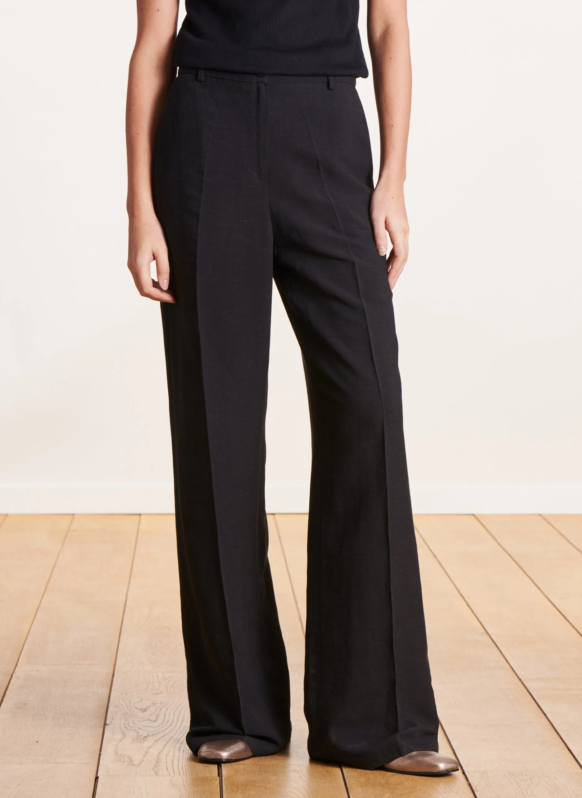 Pantalon droit taille haute plissé Noir