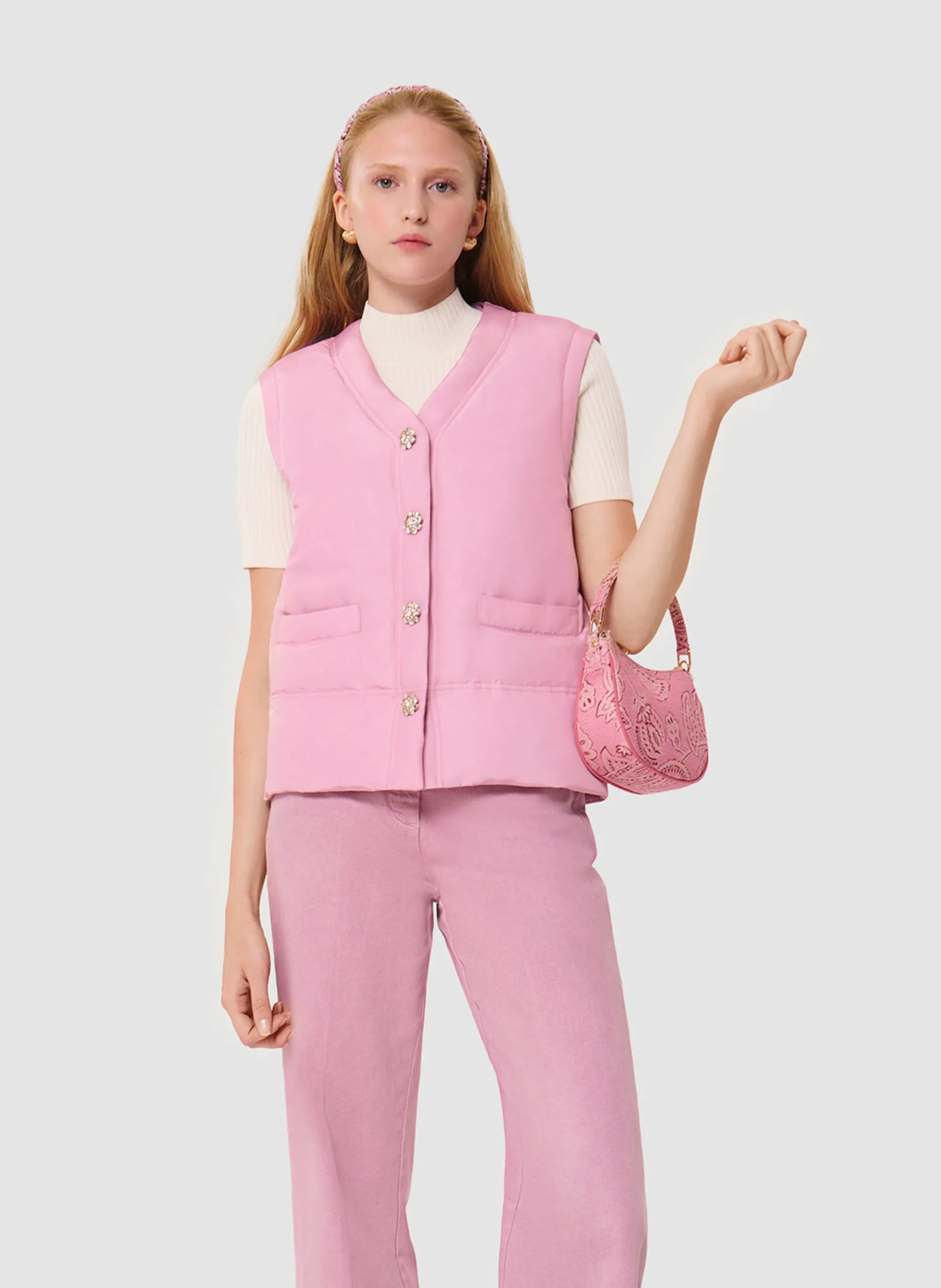 Doudoune droite col V Beige DARIO